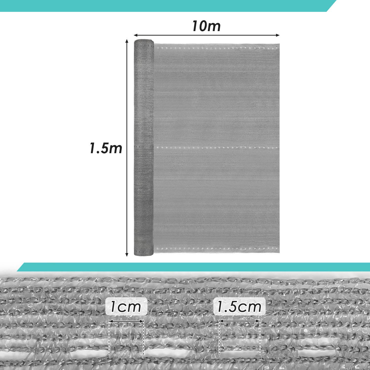 Eine graue Maschenrolle mit einer Länge von 10 Metern und einer Breite von 1,5 Metern. Die Nahaufnahme zeigt Lücken von 1 cm und 1,5 cm in der Maschenstruktur.