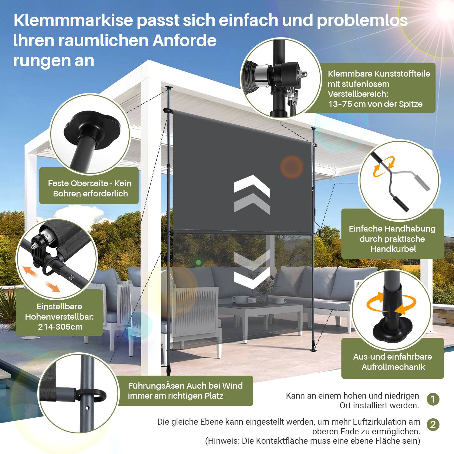 Das Bild zeigt eine ausfahrbare Markise mit detaillierten, gekennzeichneten Funktionen, darunter verstellbare Höhe, einfache Handhabung und Klemminstallation zur Anpassung an Platzanforderungen.