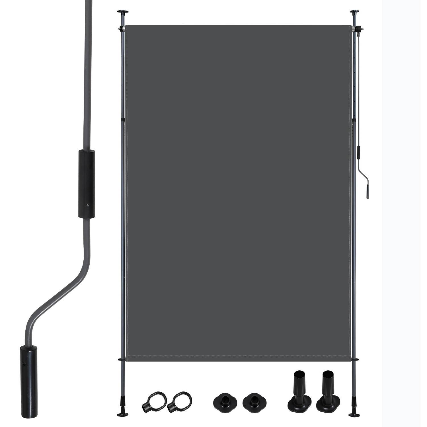 Das Bild zeigt eine ausfahrbare Seitenmarkise mit Pfosten, Beschlägen und einer Kurbel, die für Privatsphäre und Windschutz in Außenbereichen konzipiert ist.