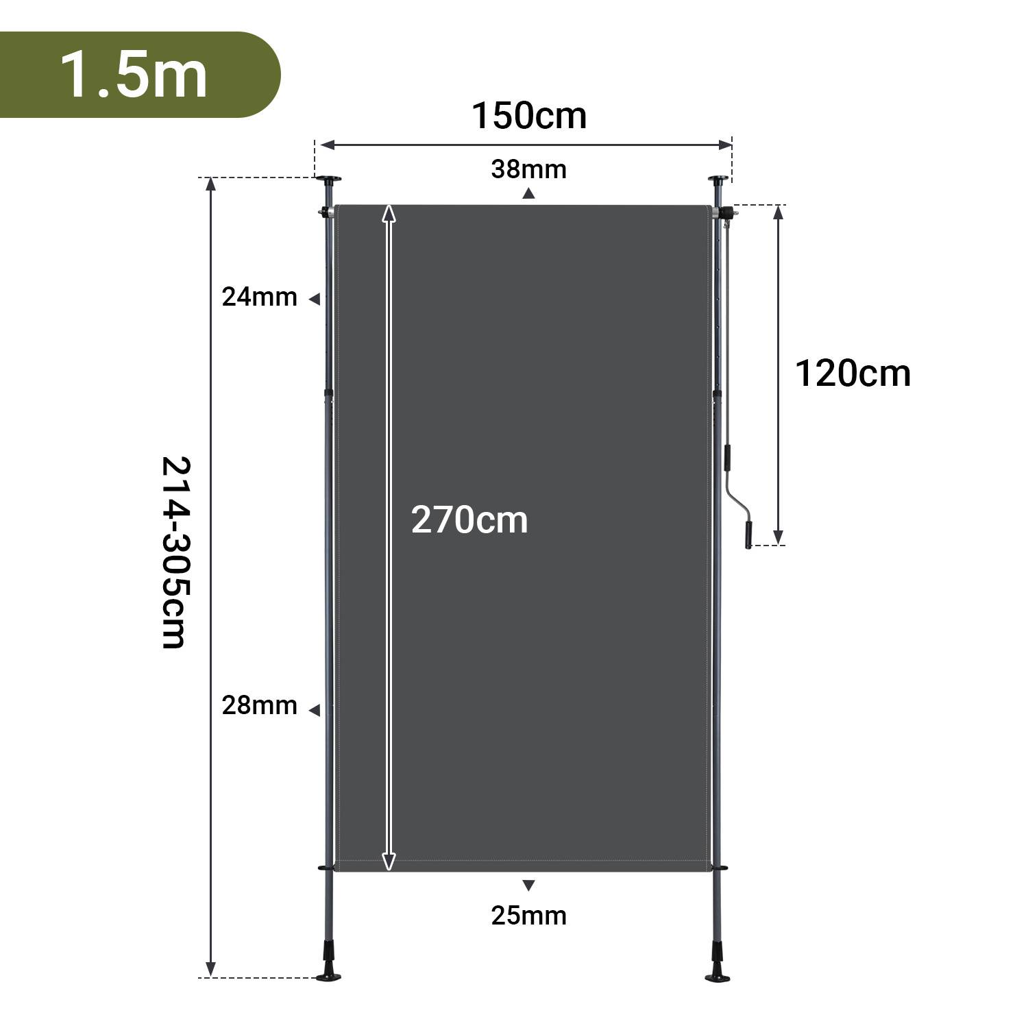 Diagramm eines motorisierten Fensterbildschirms: 1,5 m Breite, 120 cm Höhe, mit Ausziehbereich von 214-305 cm. Wichtige Abmessungen in Zentimetern gekennzeichnet.