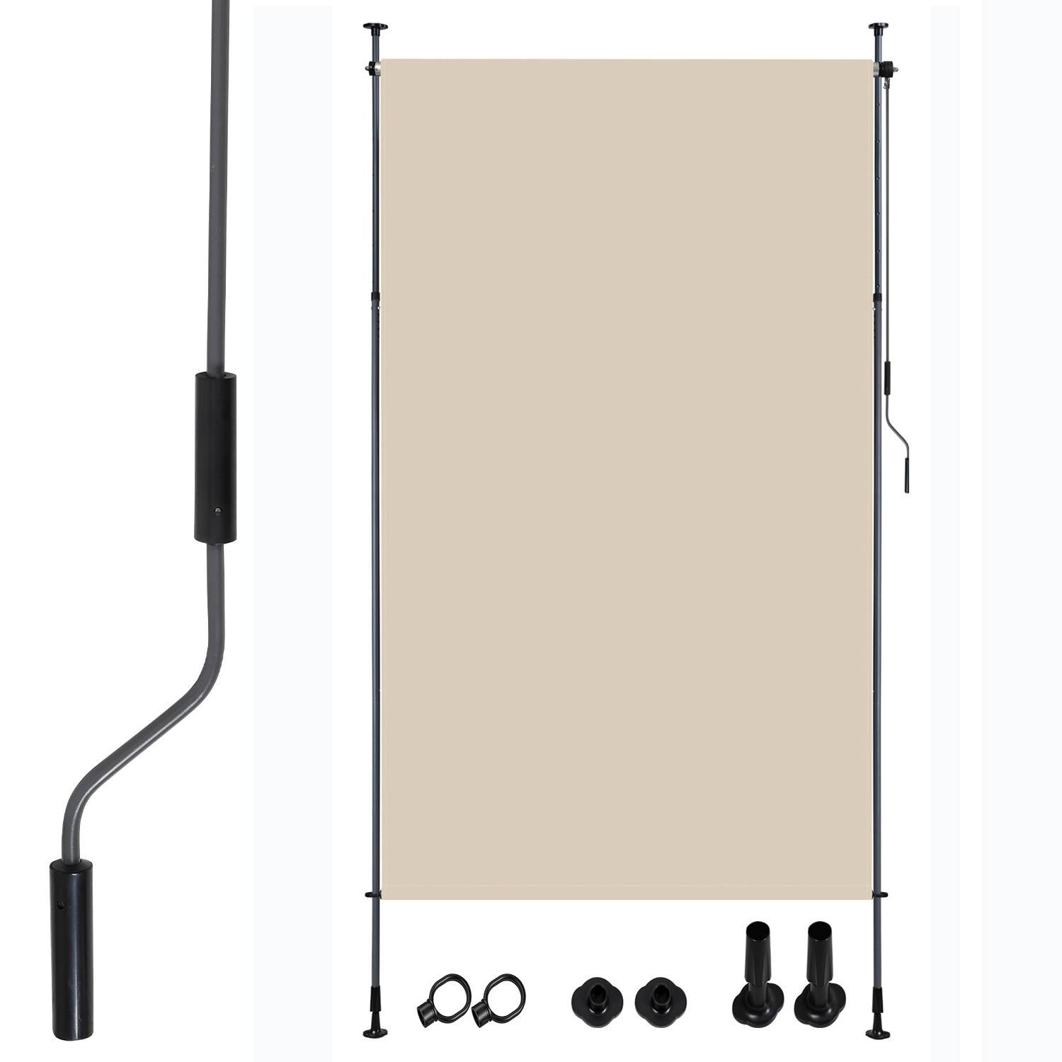 Ausfahrbares Außen-Sichtschutzsystem mit beigem Sichtschutz, schwarzen Pfosten, Installationshalterungen und Griff zur einfachen Verstellung.
