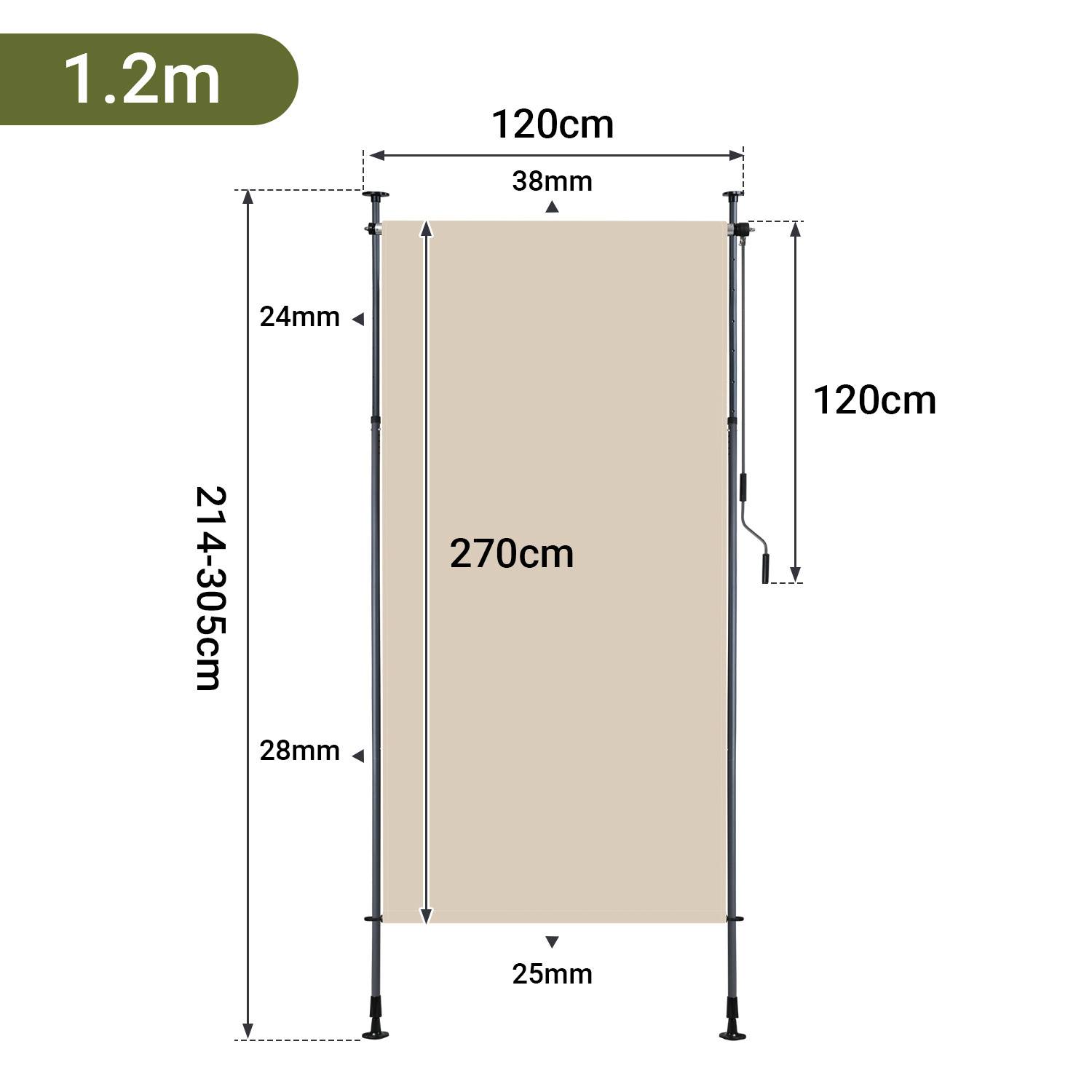 Projektionsleinwand-Diagramm mit Abmessungen: 1,2 m Breite, 120 cm Höhe, 270 cm Projektionsfläche, verstellbare Höhe 214-305 cm.