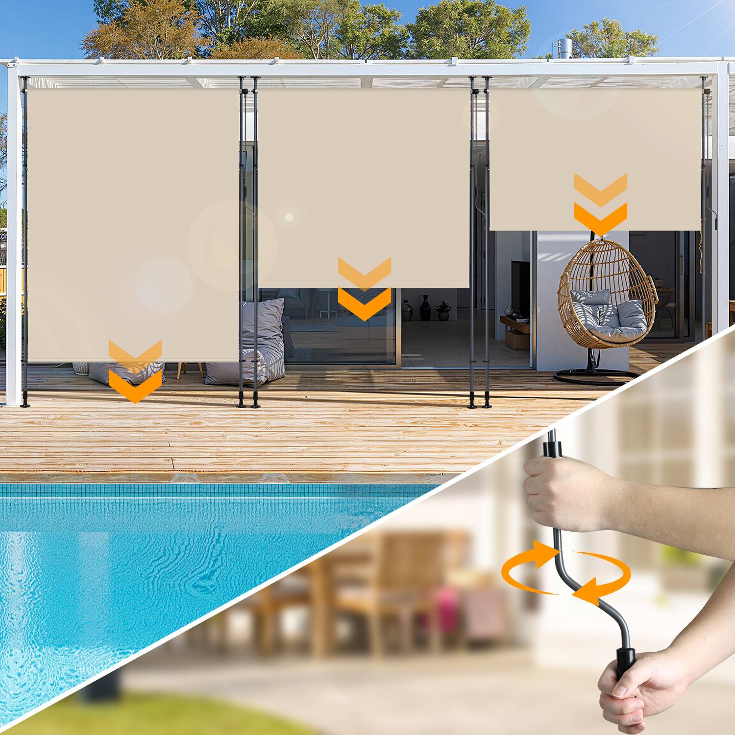 Außenbereich mit beigen einziehbaren Beschattungen über einer Pooldeck, plus eine Nahaufnahme, die Hände zeigt, die den Kurbelhebel der Beschattung bedienen.