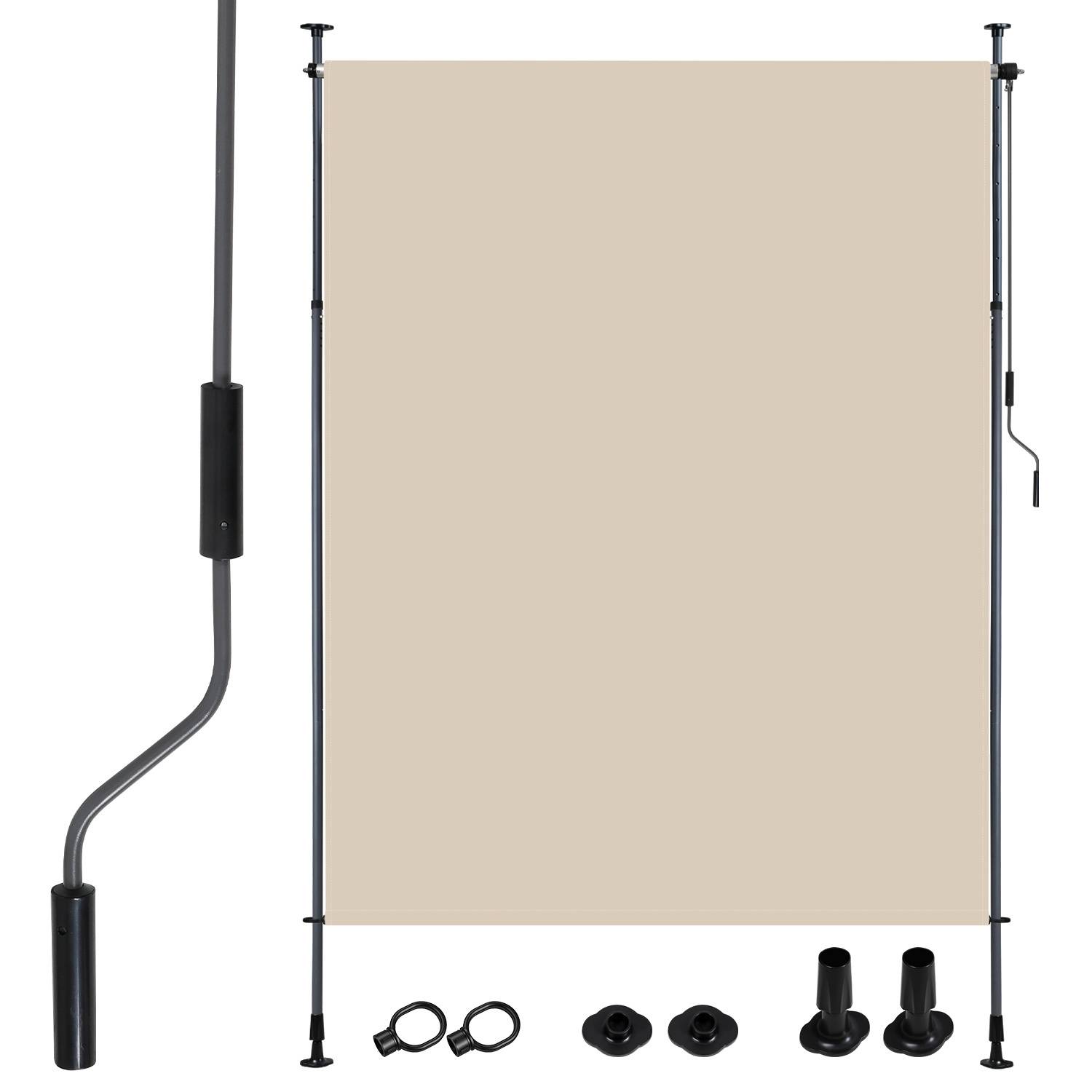 Ausziehbares Sichtschutzset mit beigefarbenem Stoff, Metallstangen, Montagezubehör und Kurbel für den Außeneinsatz.
