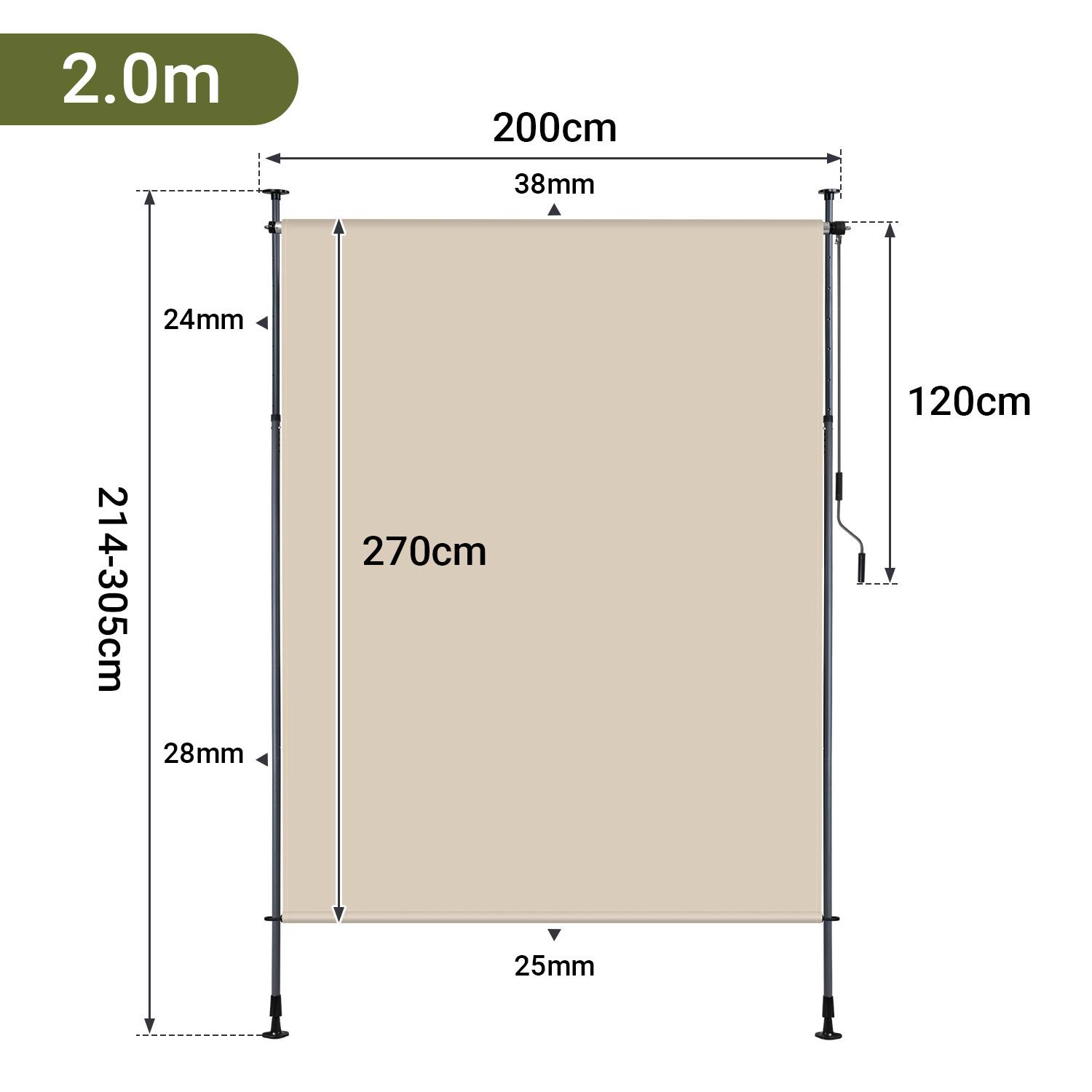 Diagramm eines 2,0 m Herunterzieh-Bildschirms mit einem 200 cm breiten und 270 cm hohen Anzeigebereich, mit beschrifteten Maßen für Pol und Gehäuse.