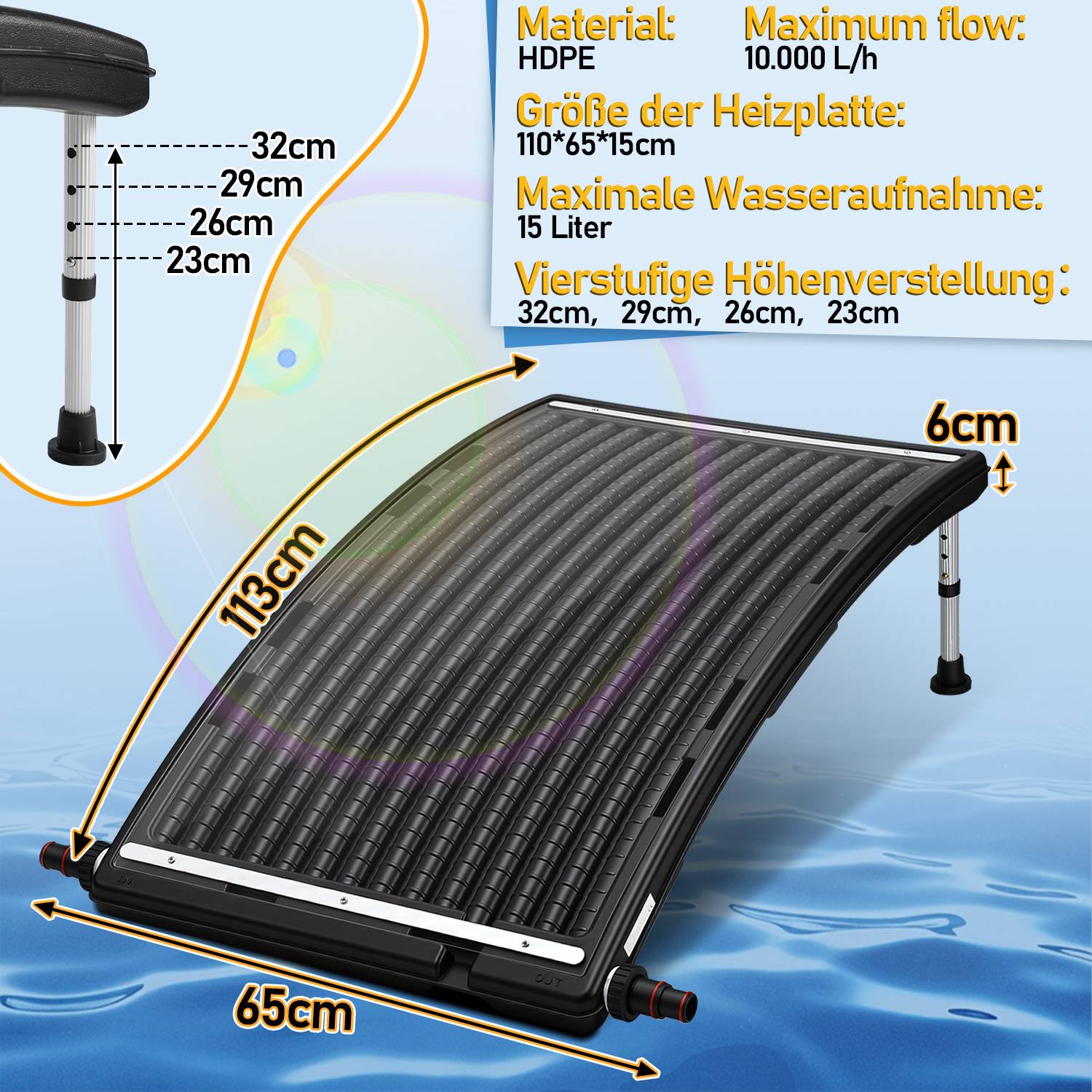 Solarheizsystem mit verstellbarer Höhe von 23cm bis 32cm. Wasserdurchfluss: 10.000L/h. Wassertischgröße: 113x65x6cm.