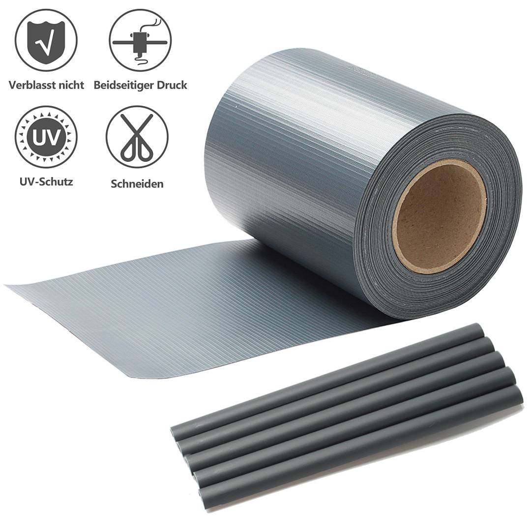 Eine Rolle graues Klebeband und vier Stäbe mit Symbolen, die UV-Schutz, Farbbeständigkeit, doppelseitigen Druck und Schneidfähigkeit anzeigen.