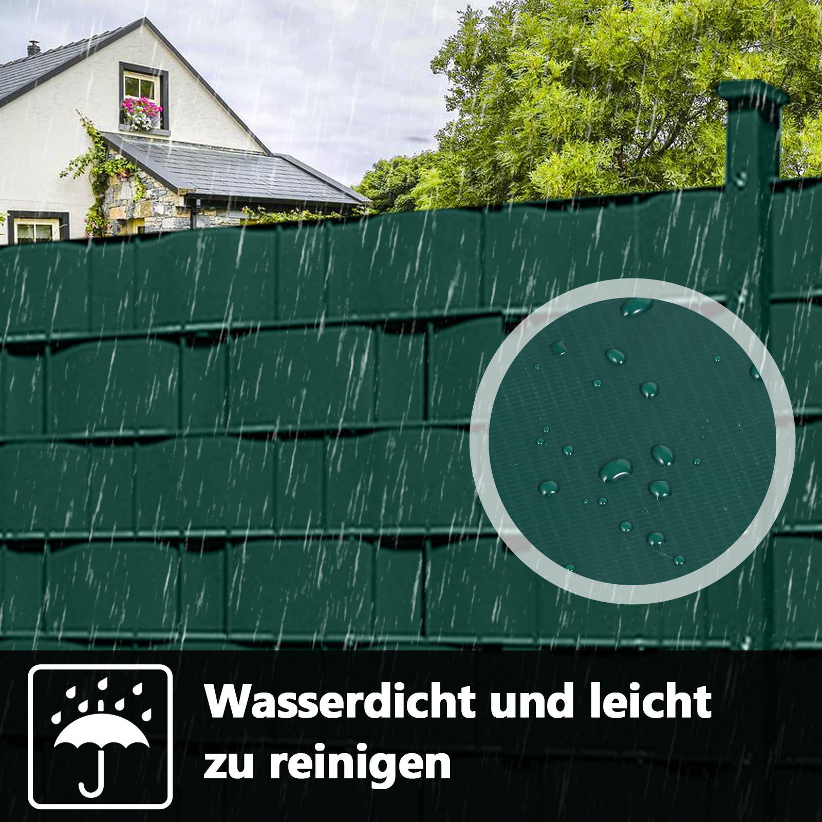Ein Gartenzaun im Regen, der Wasserdichtheit betont. Die Vergrößerung zeigt Wassertropfen auf dem Material. Der Text lautet „Wasserdicht und leicht zu reinigen
