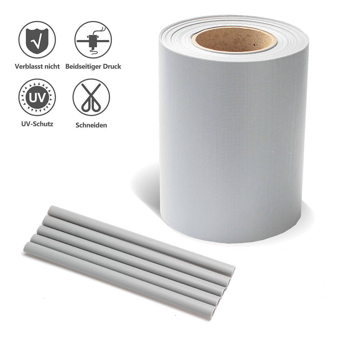 Eine Rolle graues Klebeband mit vier Streifen daneben. Symbole zeigen 