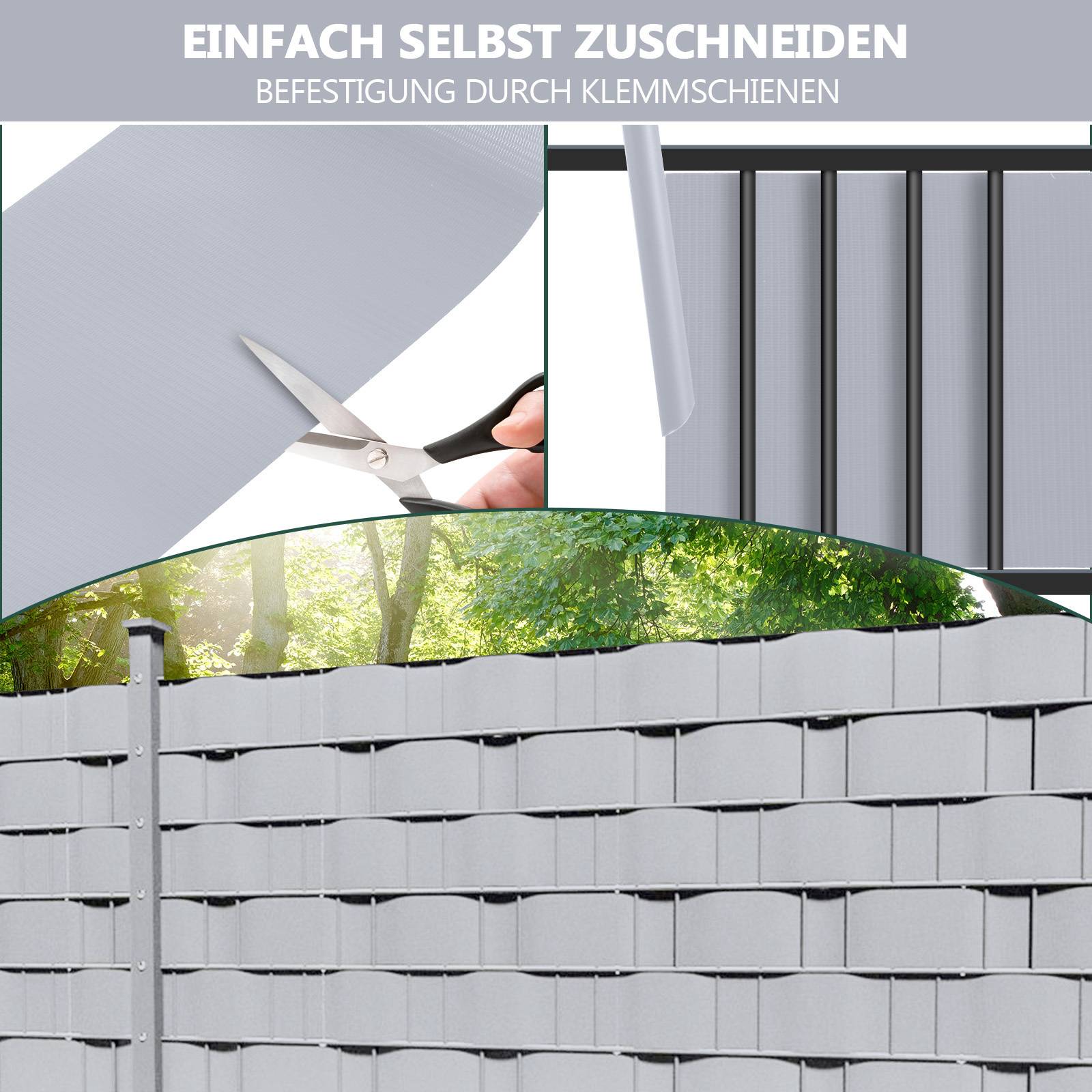 Eine Person benutzt eine Schere, um einen grauen Sichtschutz zu trimmen, der auf einem Zaun mit grünem landschaftlichem Hintergrund angebracht ist.