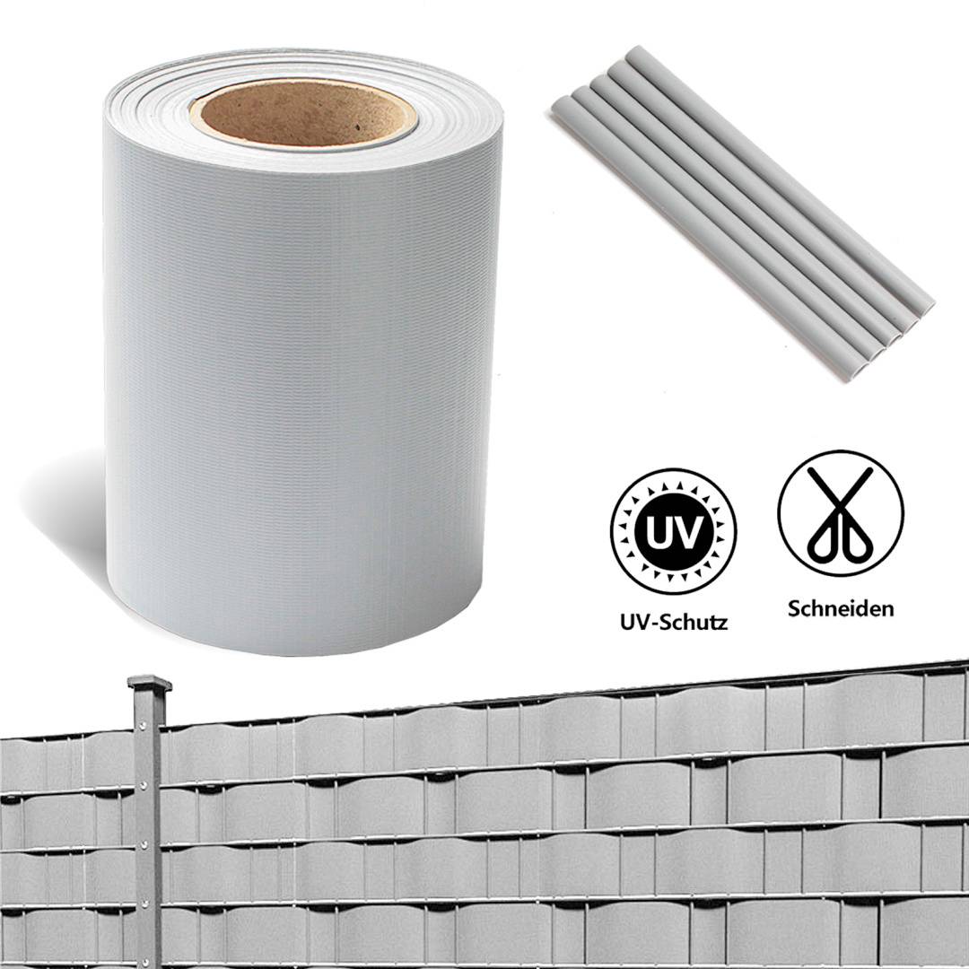 Eine Rolle Maschenleiter-Material und Verbindungsstäbe werden gezeigt. Symbole deuten auf UV-Schutz und einfache Schneidbarkeit hin.