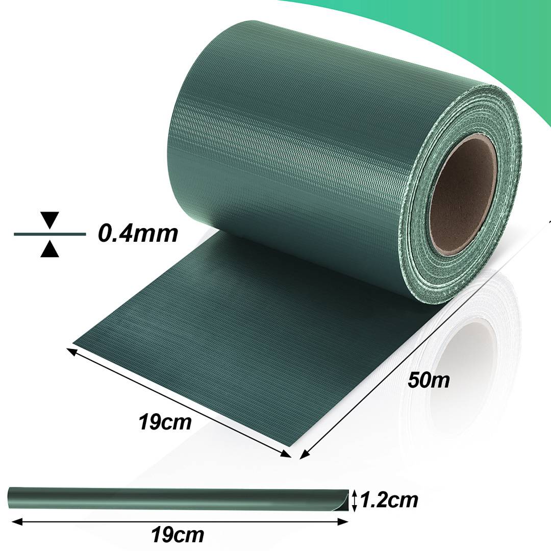 Eine Rolle grünes Klebeband, 50 Meter lang, 19 cm breit, mit einer Dicke von 0,4 mm, teilweise abgewickelt dargestellt mit gekennzeichneten Abmessungen.