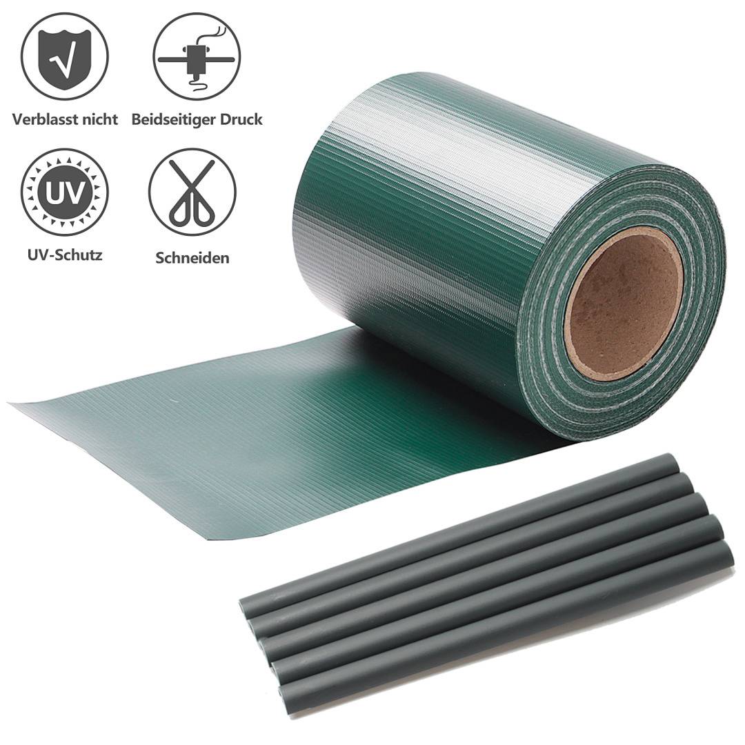Eine Rolle grünes Gartenzaunband mit Schutzfunktionen einschließlich UV-Schutz und Langlebigkeit. Symbole zeigen Schneidbarkeit und doppelseitige Verwendung an.