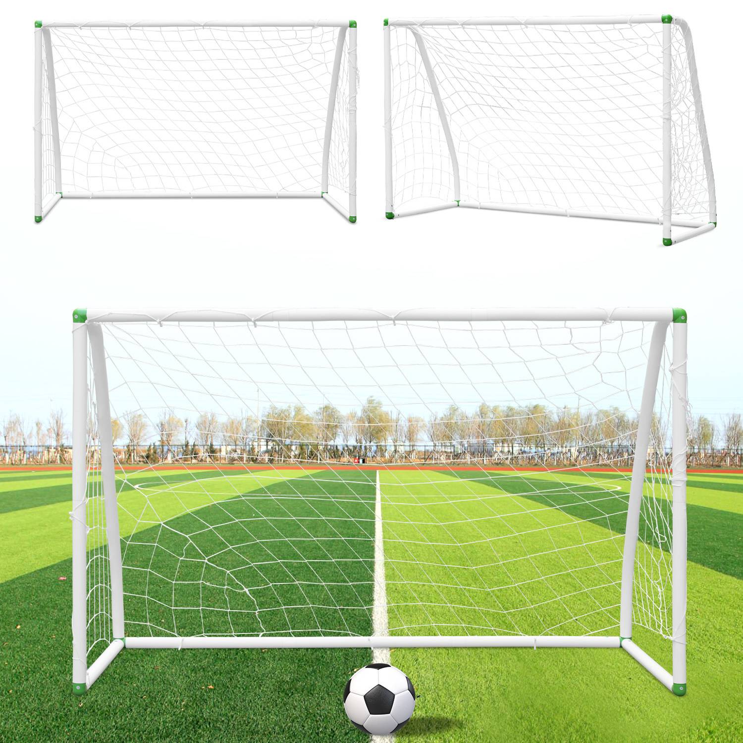 Ein Fußball befindet sich vor einem weißen Tor auf einem Rasenplatz. Oben werden zwei kleinere Tore für unterschiedliche Winkel und Größen gezeigt.