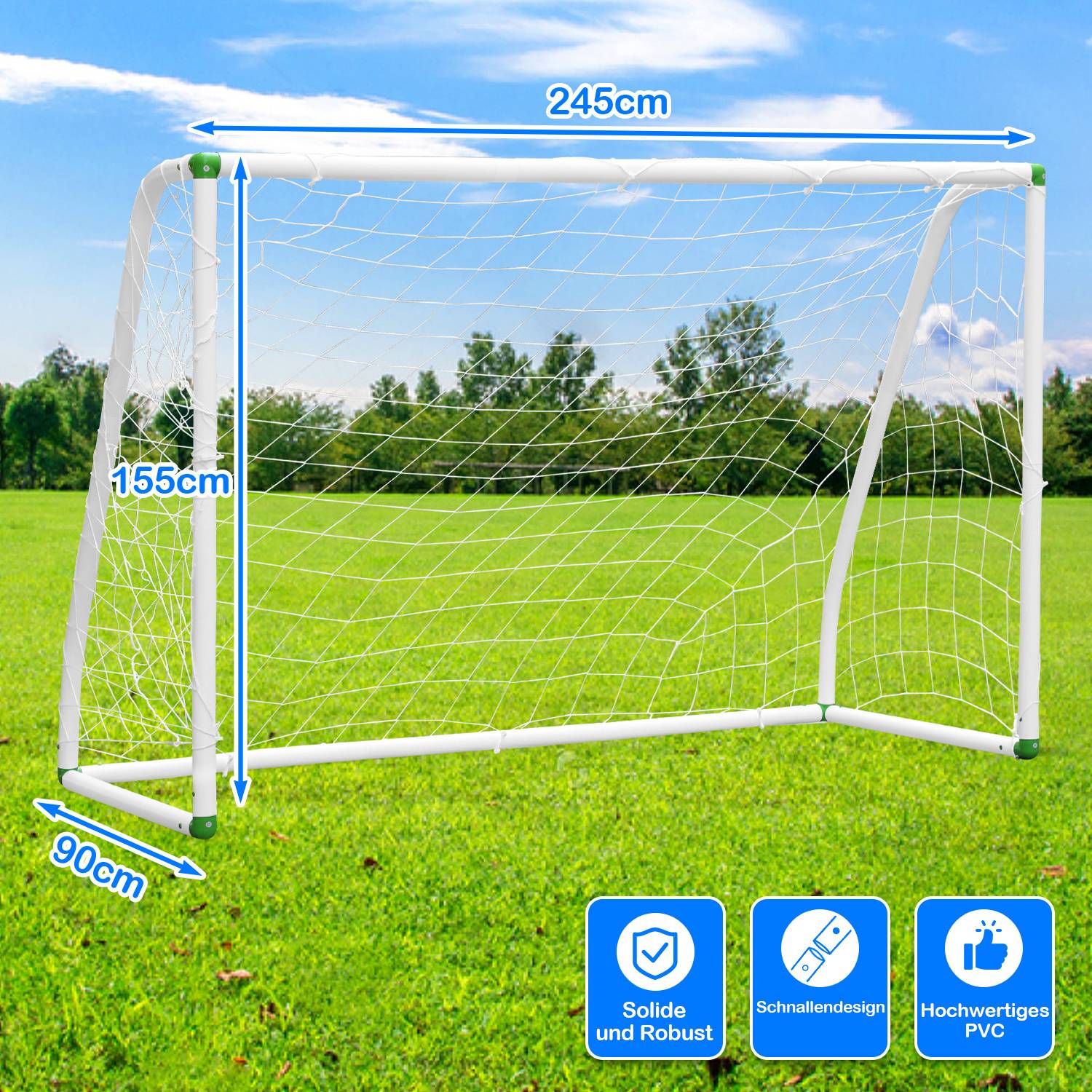 Ein weißes Fußballtor auf Gras mit beschrifteten Abmessungen: Breite 245cm, Höhe 155cm, Tiefe 90cm. Symbole deuten auf Stabilität und hochwertige Materialien hin.