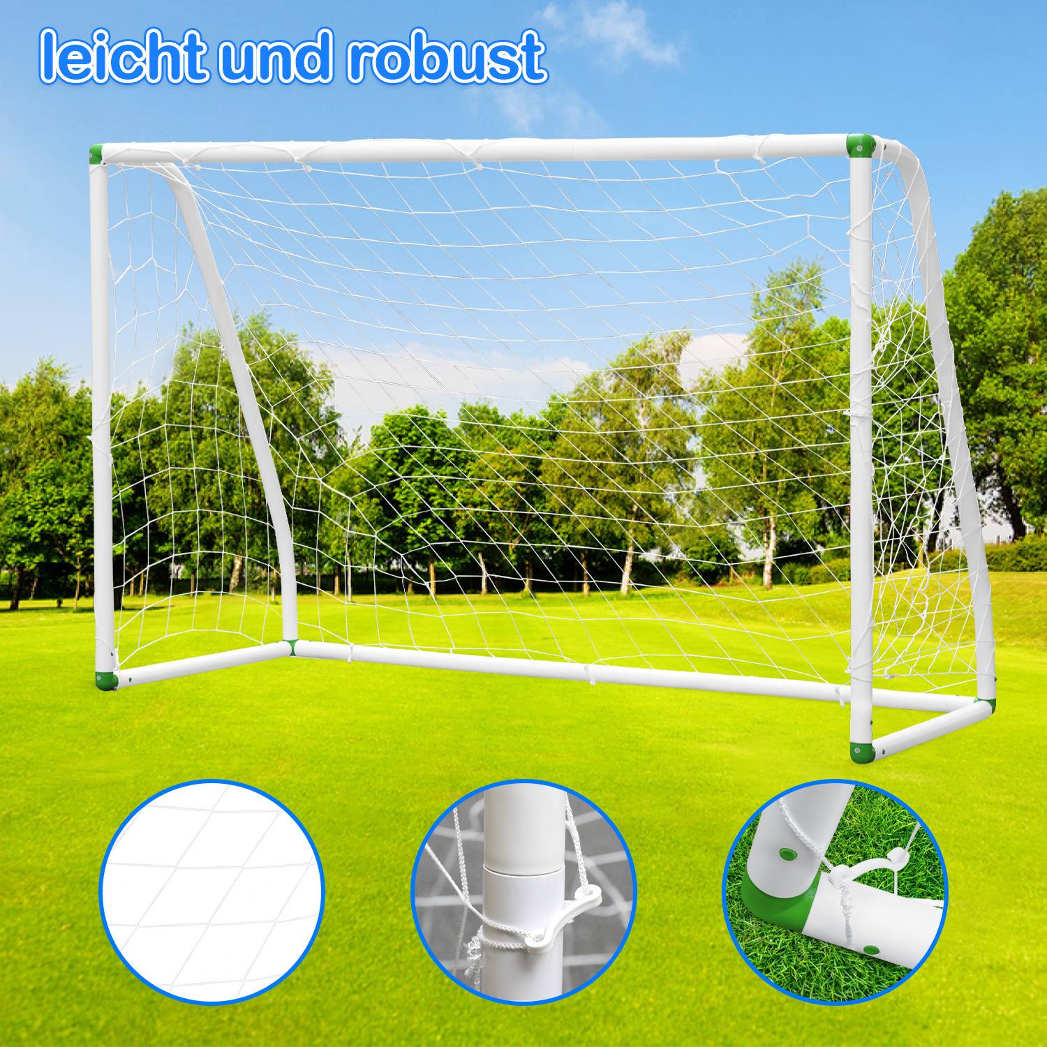 Ein weißes Fußballtor auf einem Rasenplatz unter blauem Himmel mit dem Text „leicht und robust