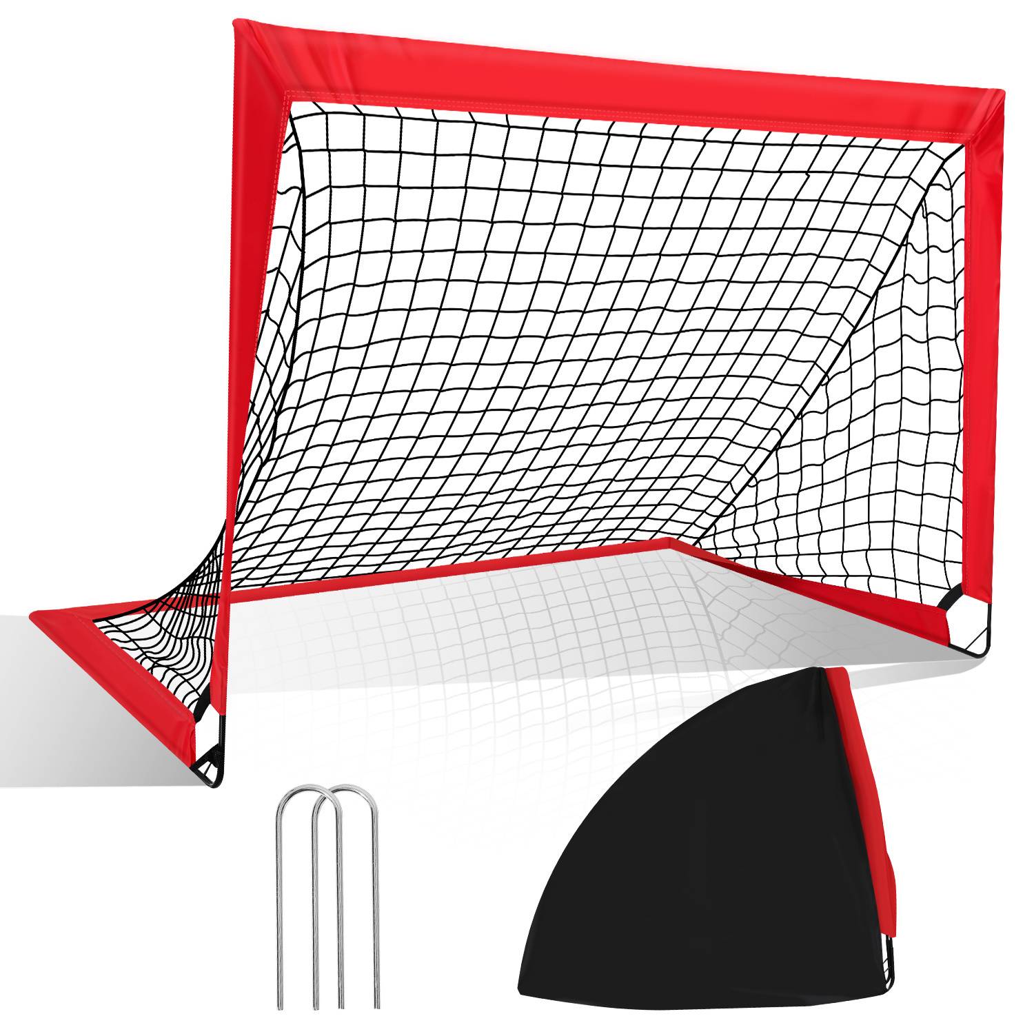 Ein rotes Fußballtor mit schwarzem Netz wird gezeigt. Enthält Bodenheringe und eine Transporttasche, konzipiert für tragbare und einfache Aufstellung.
