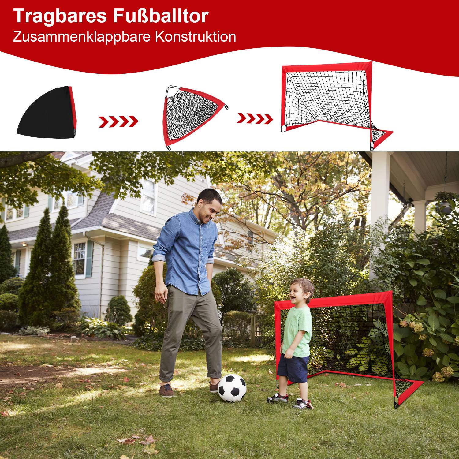 Ein Mann und ein Kind stellen ein tragbares Fußballtor im Hinterhof auf. Die obere Ansicht zeigt das Klappsystem des Tors mit deutschem Text: Tragbares Fußballtor.