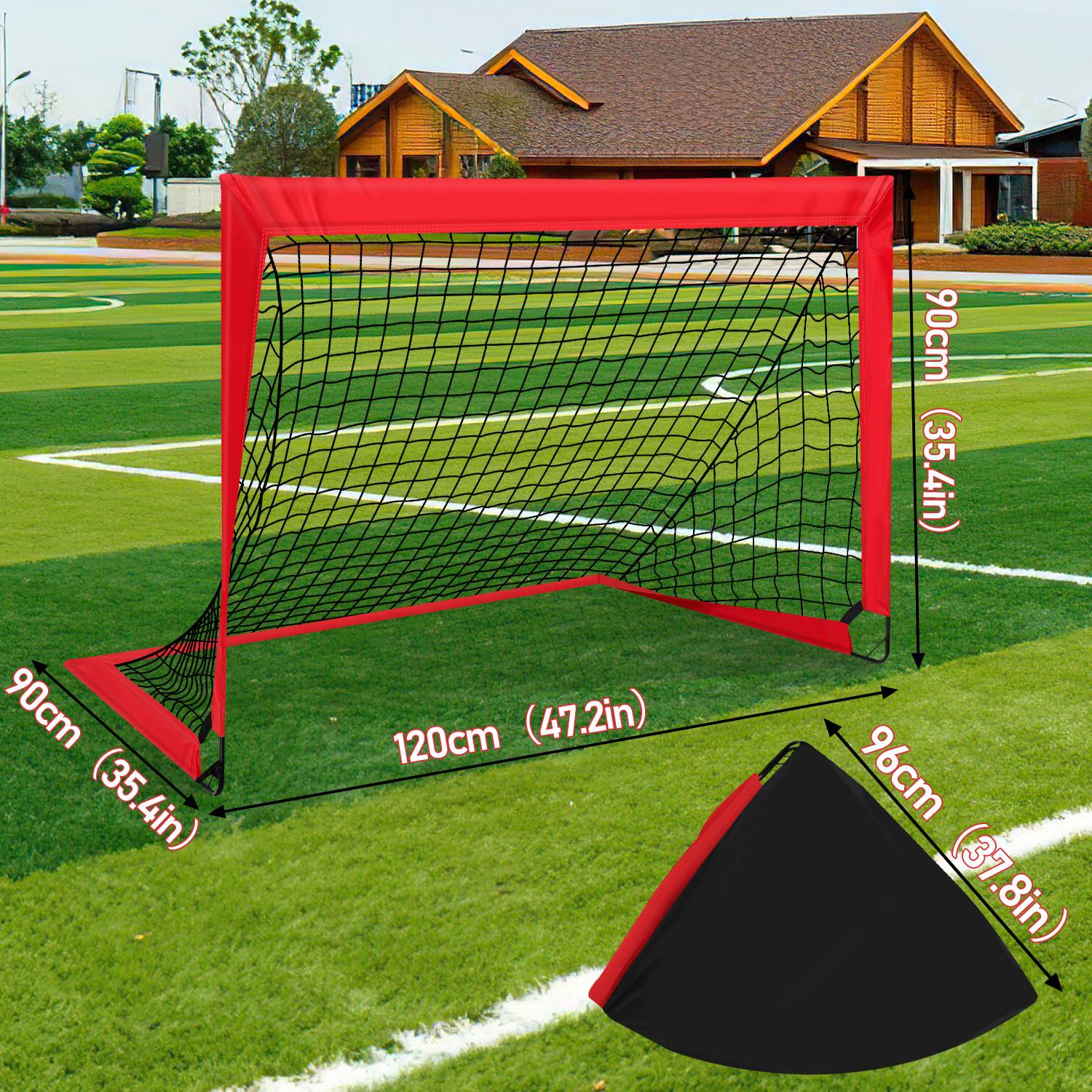 Tragbares Fußballtor in Rot und Schwarz auf einem Rasenfeld. Abmessungen: Breite 120cm (47,2in), Höhe 90cm (35,4in), Tiefe 90cm (35,4in).