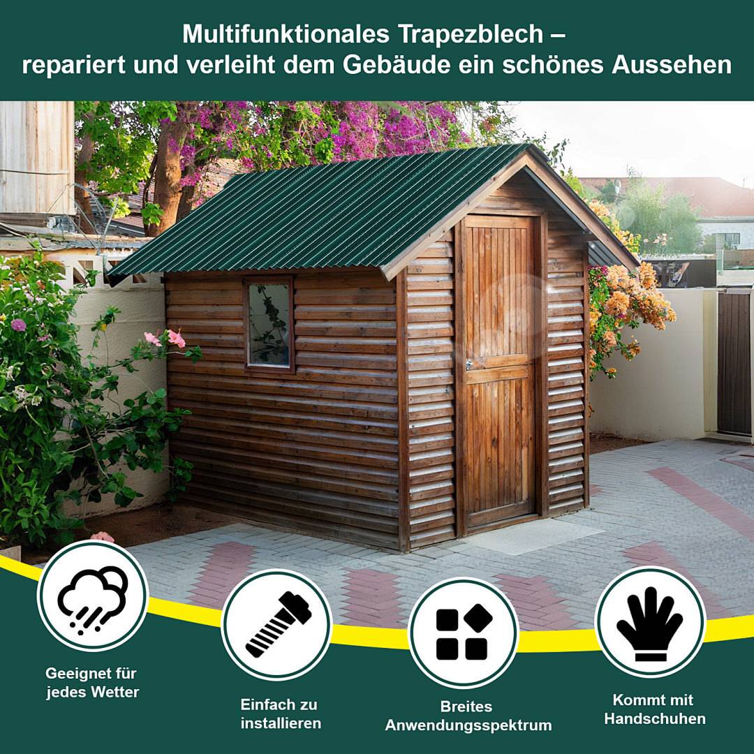 Ein kleines Holzschuppen mit grünem Wellblechdach in einem Hinterhof, umgeben von Grünflächen. Symbole darunter deuten auf Witterungsschutz, einfache Installation und Vielseitigkeit hin.