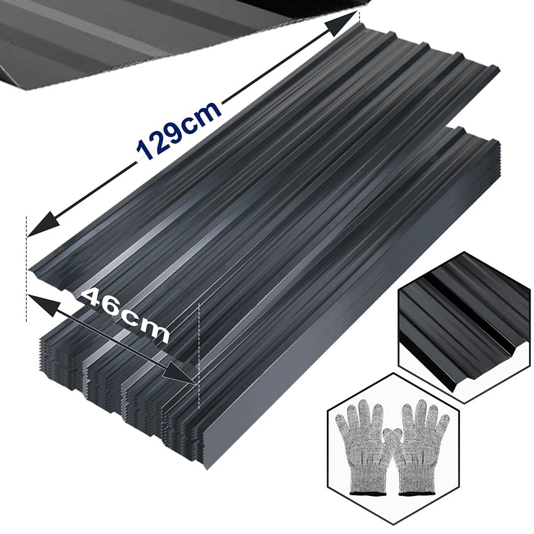 Metallische Dacheindeckungsbleche mit den Maßen 129cm x 46cm mit einem Paar Schutzhandschuhe in der Verpackung.