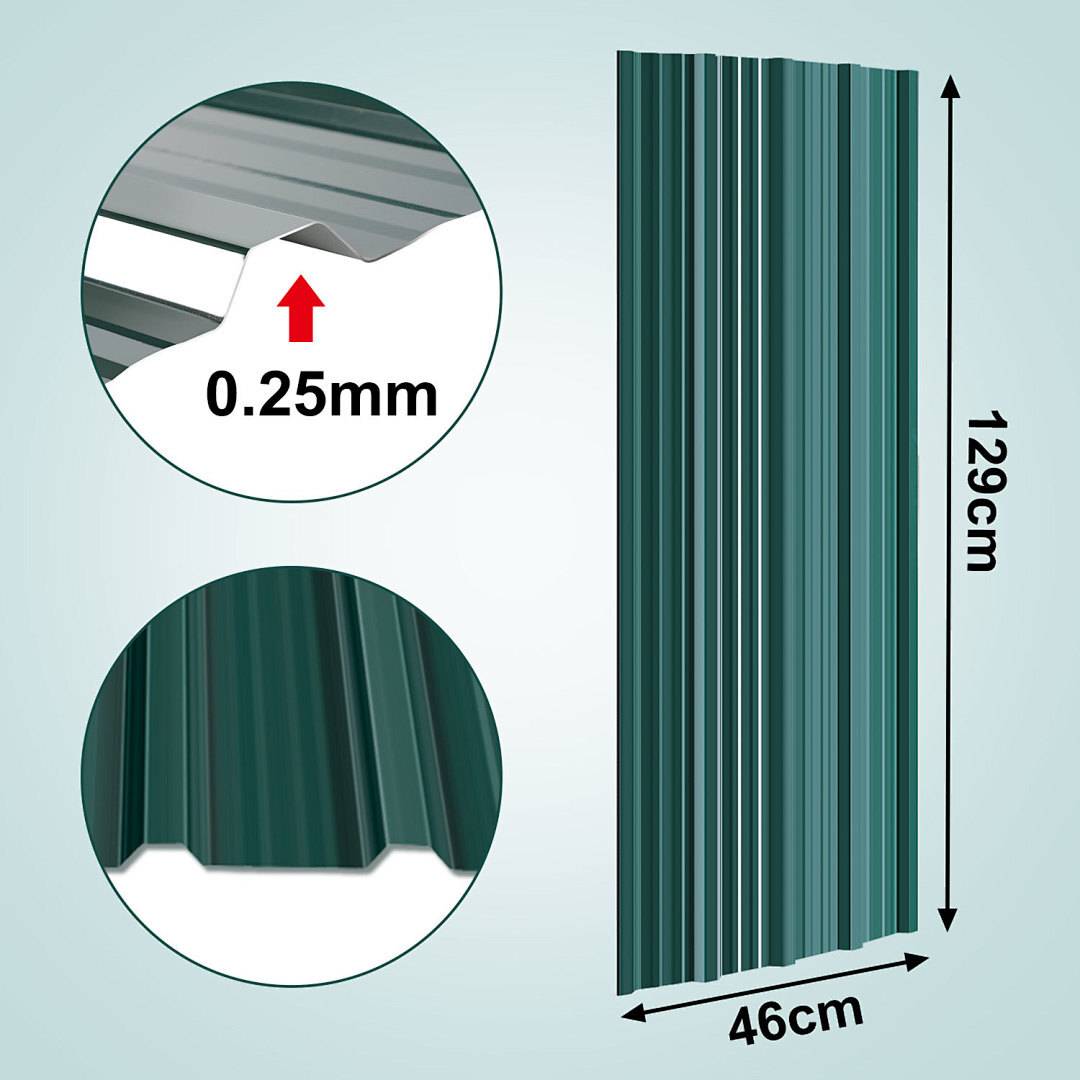 Bild zeigt ein 129 cm x 46 cm großes Wellblech mit einer Stärke von 0,25 mm, mit Nahaufnahmen der Textur und Kanten.