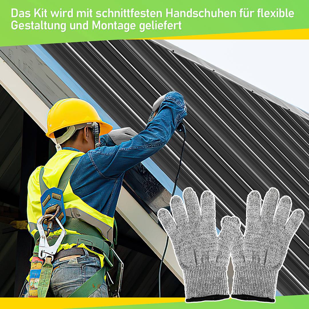 Ein Bauarbeiter mit Helm und Sicherheitsgeschirr montiert ein Dachpanel. Der Text lautet: „Das Kit wird mit schnittfesten Handschuhen für flexible Gestaltung und Montage geliefert.