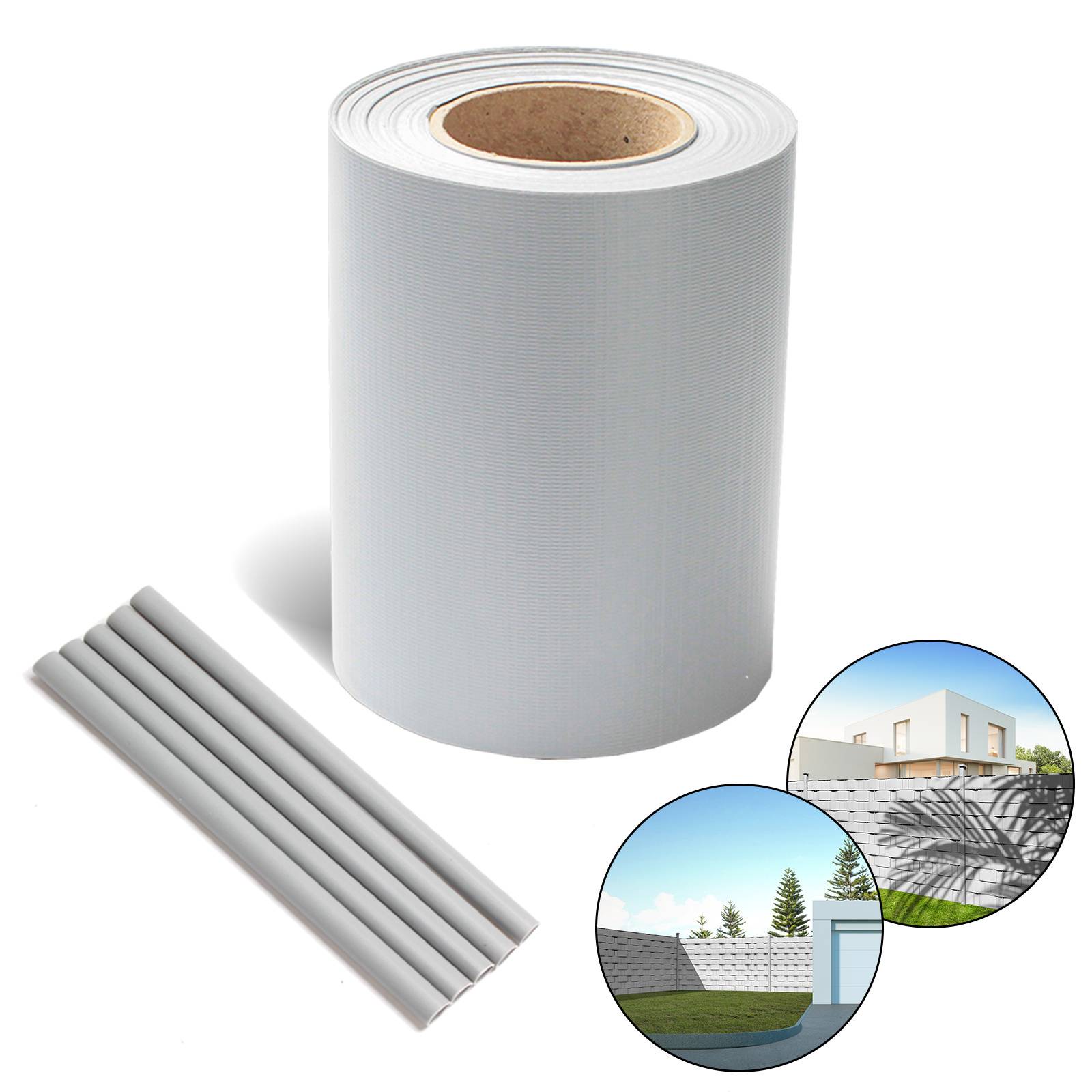 „Eine Rolle grauer, strukturierter PVC-Sichtschutzfolie mit Montagerollen; eingefügte Bilder zeigen installierte Beispiele an einem Zaun und einem Balkon.