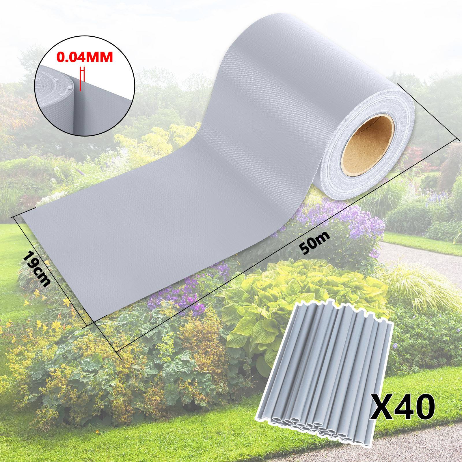 Rolle mit 50m x 19cm silbergrauer Kunststoffkante, 0,04mm Dicke, mit 40 zusätzlichen Stücken, vor einem Gartenhintergrund.