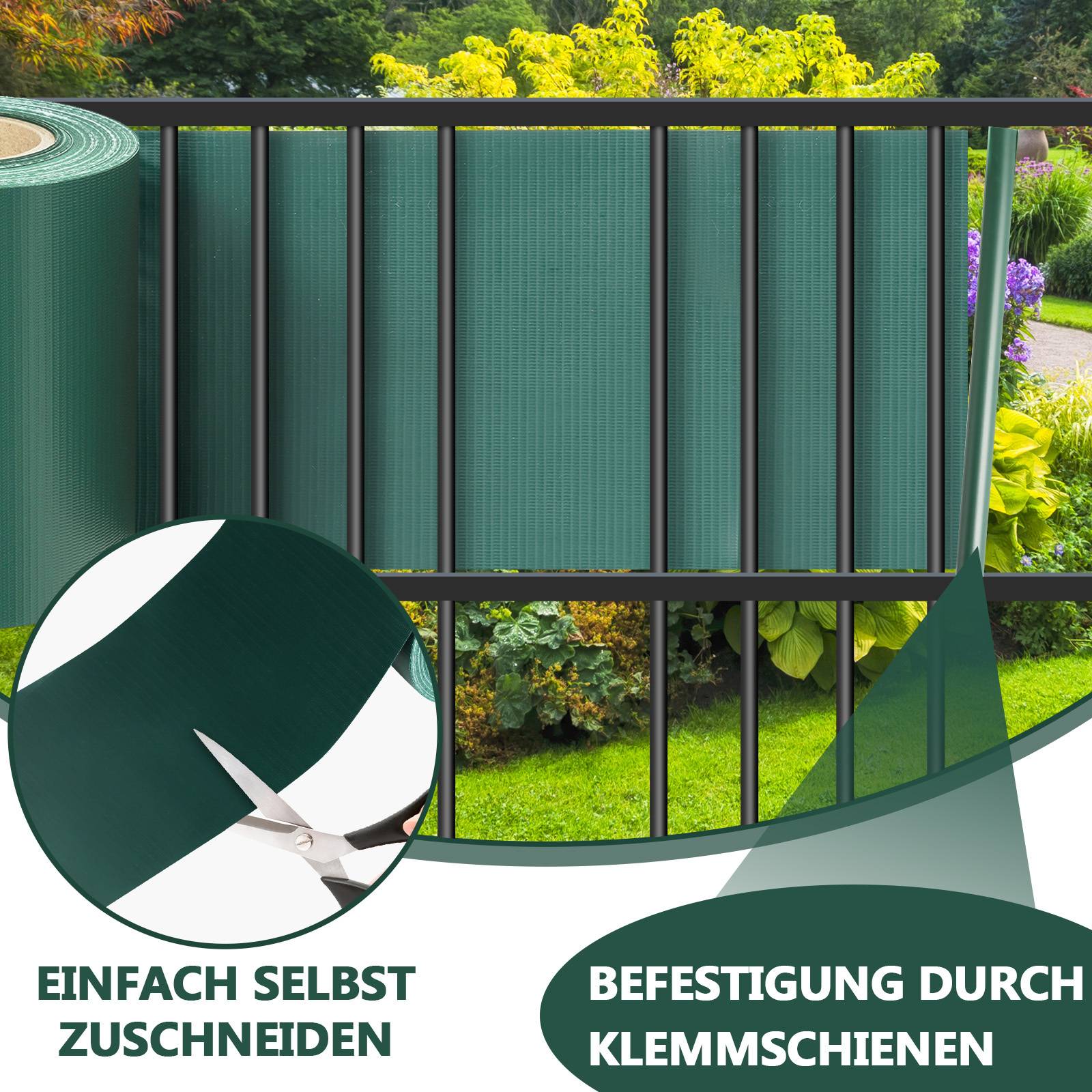 Grüner Sichtschutz an einem schwarzen Metallzaun befestigt, teilweise ausgerollt. Text auf Deutsch: 'Einfach selbst zuschneiden', 'Befestigung durch Klemmenschienen'.