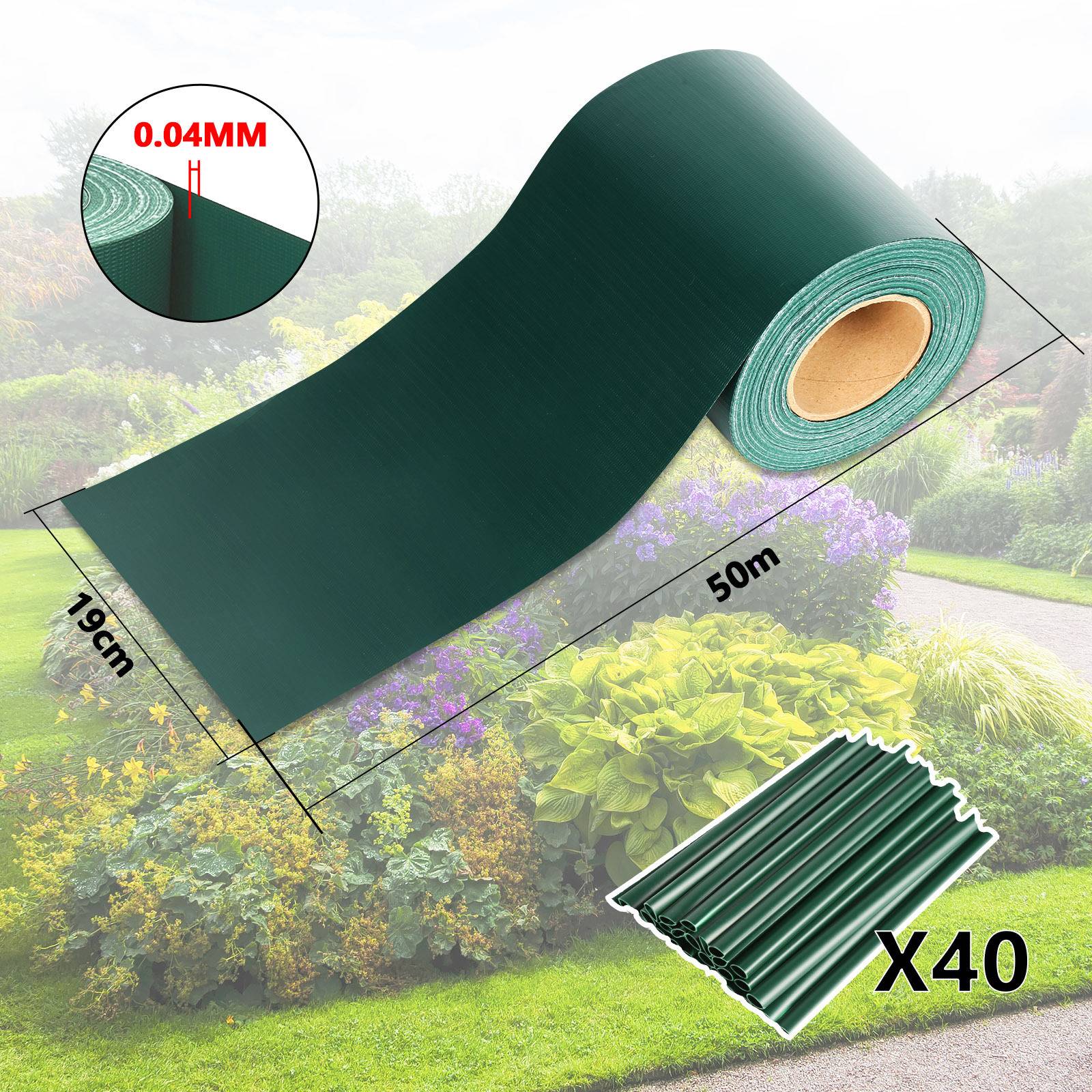 Dunkelgrüne Garteneinfassung in Rollenform, 19 cm x 50 m, 0,04 mm dick, umgibt Blumenbeete. Das Paket enthält 40 Streifen. Rasen und Garten im Hintergrund.