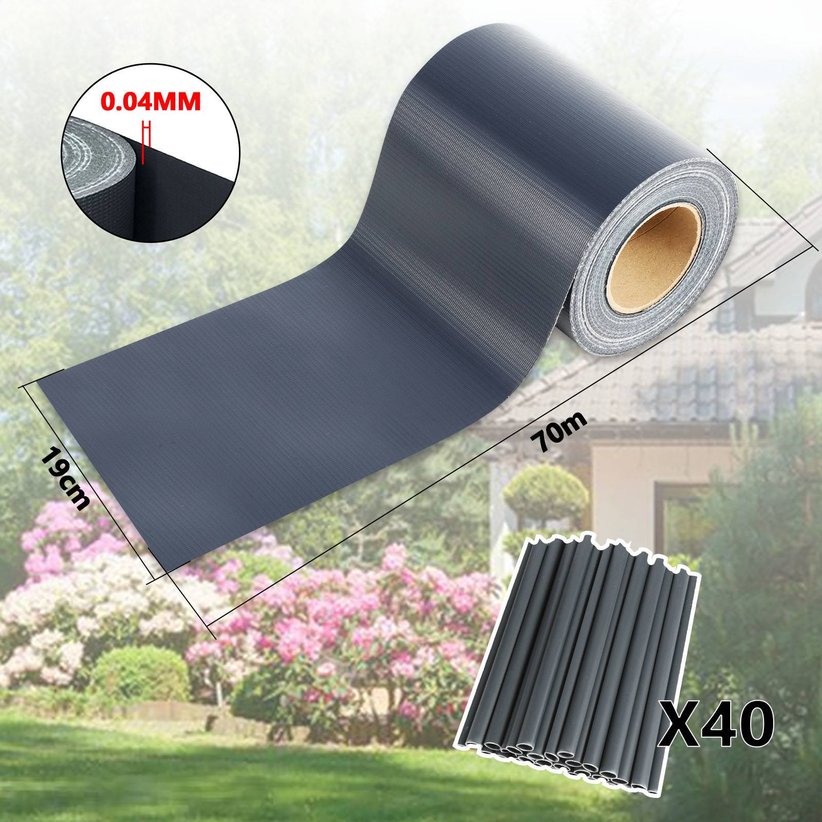 Rolle dunkles Gitterklebeband, 19 cm breit und 70 m lang, auf einem Gartenhintergrund abgebildet. Eine kreisförmige Vergrößerung zeigt eine Dicke von „0,04 MM