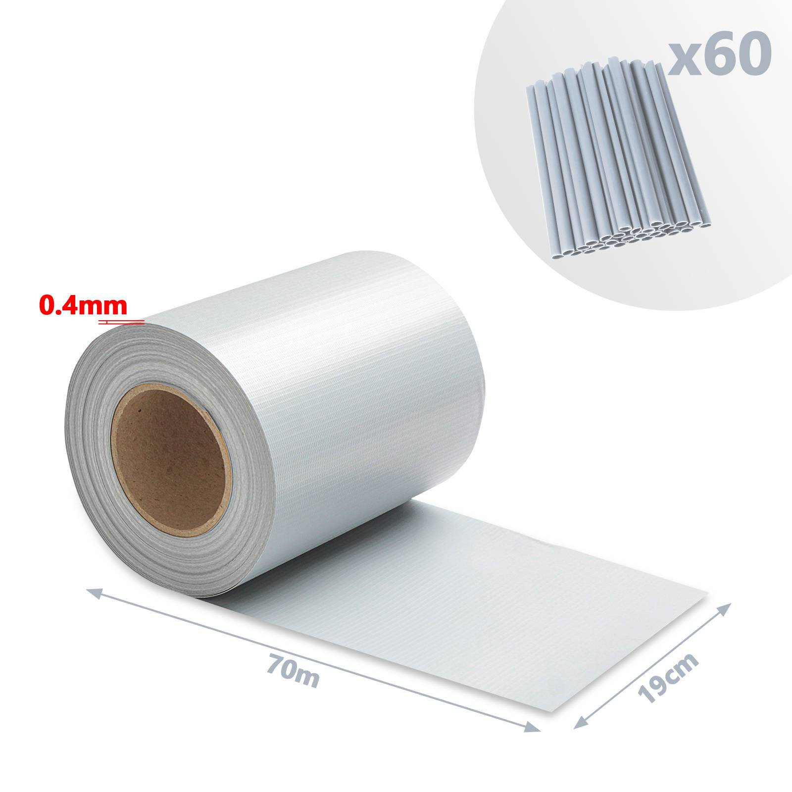 Rolle weißes Klebeband, 70m lang, 19cm breit, 0,4mm dick, gezeigt mit einem Bündel von 60 zugeschnittenen Stücken.