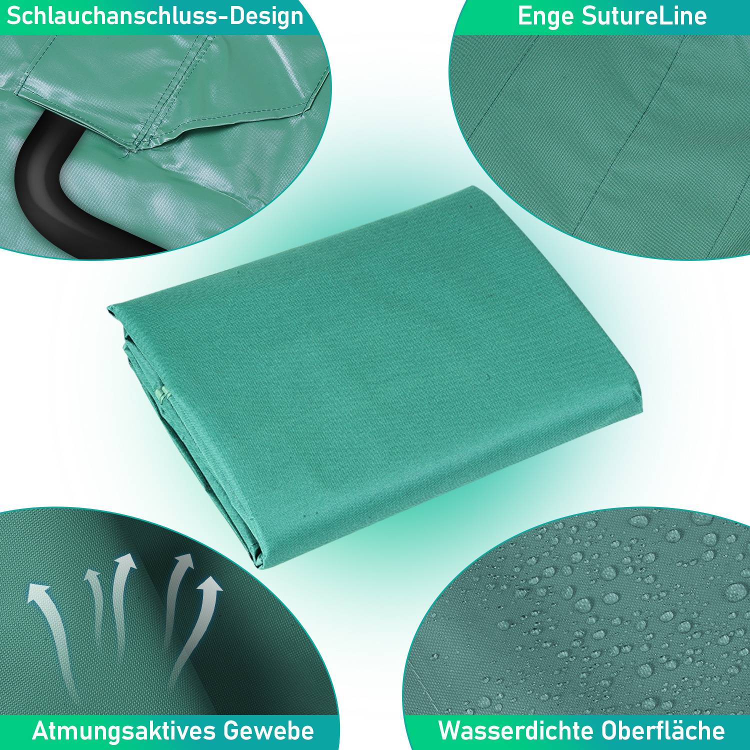 Das Bild zeigt eine grüne medizinische Abdeckung mit folgenden Eigenschaften: Schlauchverbindungsdesign, straffe Nähte, atmungsaktives Gewebe und wasserdichte Oberfläche.