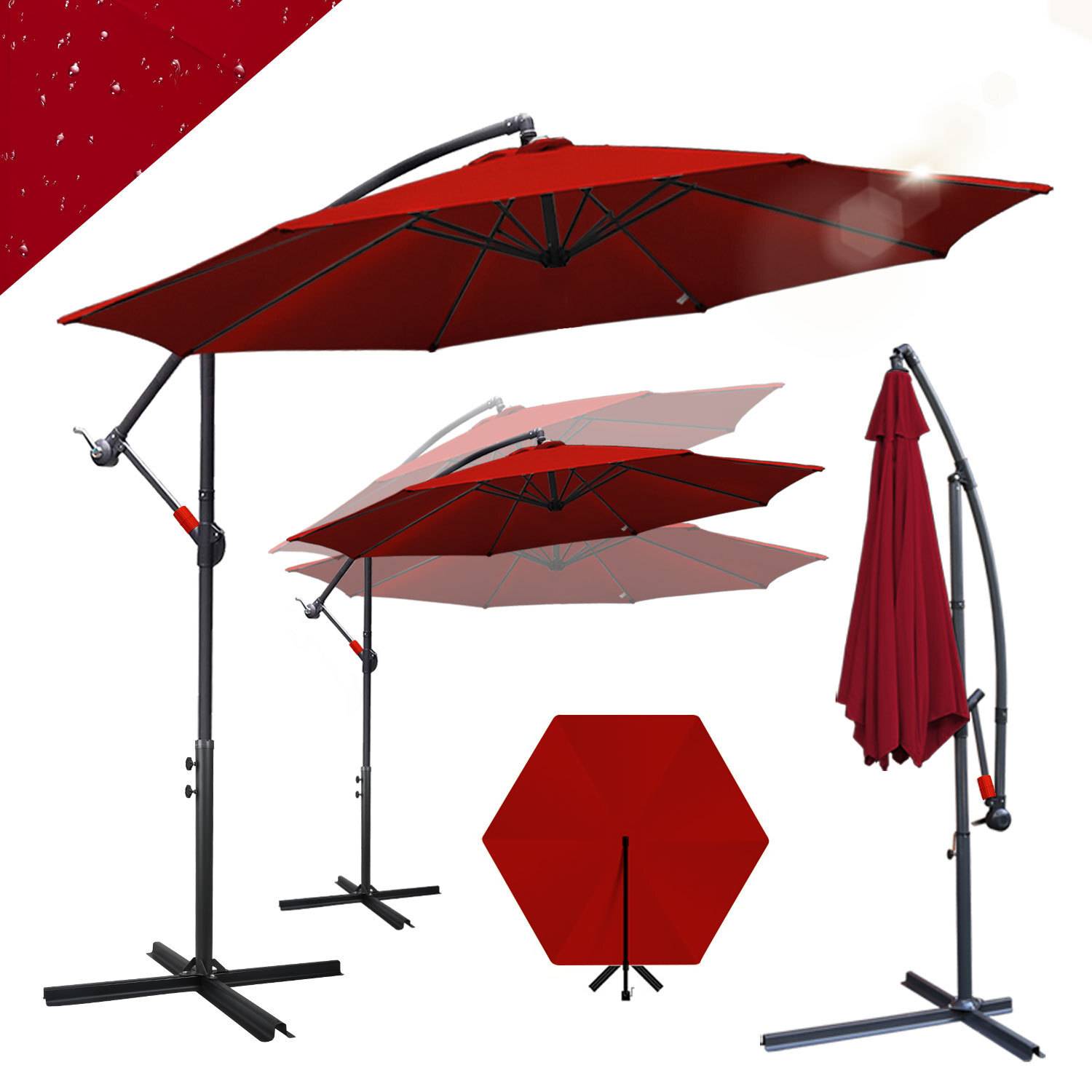 Ein roter Terrassenschirm mit Seitenstange. Zeigt drei offene Positionen und eine geschlossene. Hexagonale Draufsicht enthalten. Der Hintergrund ist einfach.