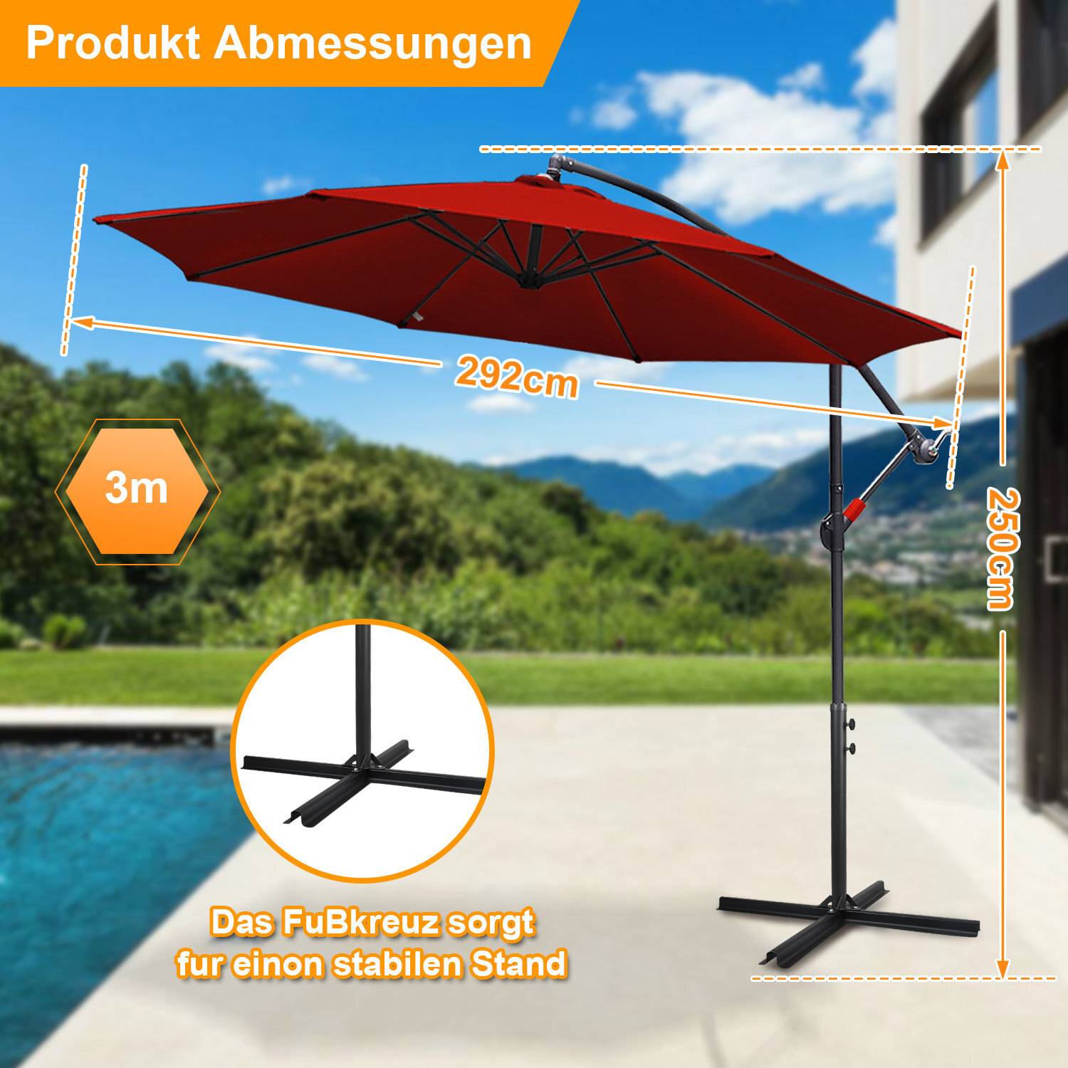 Produktabmessungen': Roter Terrassenschirm mit einer Spannweite von 292cm und einer Höhe von 250cm neben einem Pool, der eine Abdeckungsfläche von 3m zeigt. 'Das Fußkreuz sorgt für einen stabilen Stand.