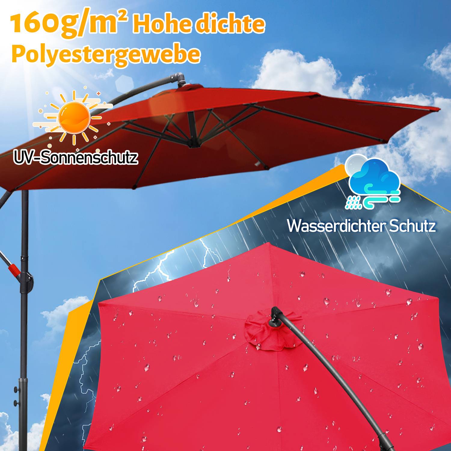 Ein roter Regenschirm mit den Aufklebern „UV-Sonnenschutz