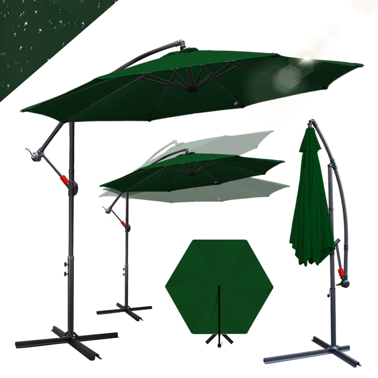 Ein grüner Kragschirm, der aus verschiedenen Winkeln gezeigt wird: offen, teilweise offen und geschlossen. Er hat ein dunkles Metallgestell und steht auf einem Kreuzsockel.