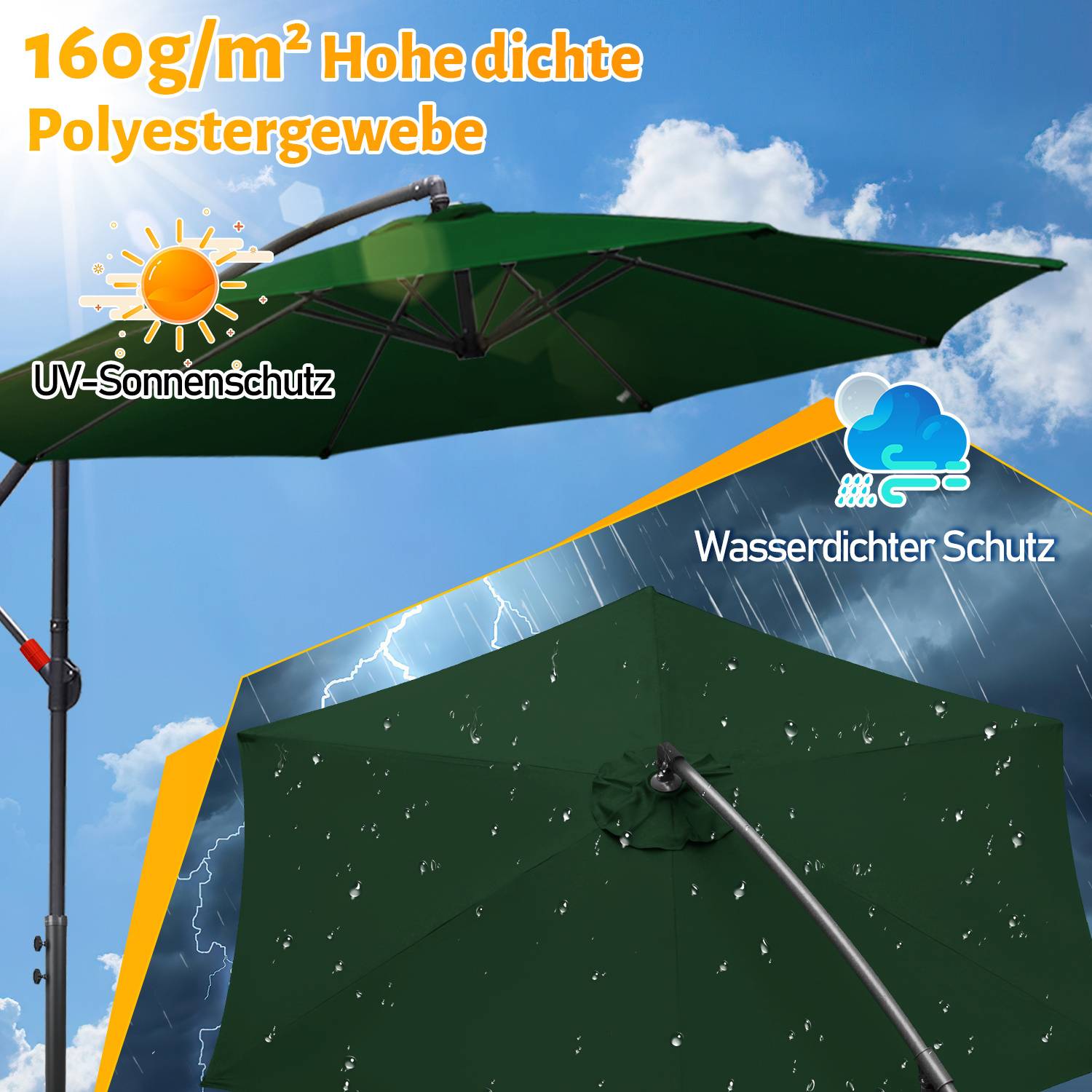 Ein grüner Außenschirm mit UV-Schutz und wasserabweisendem Stoff, hervorgehoben mit Text '160g/m² Hohe dichte Polyestergewebe' und Symbolen.