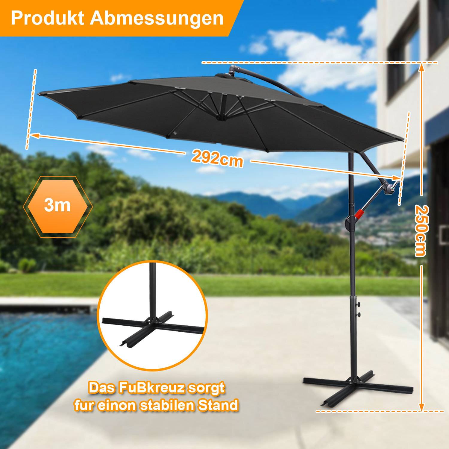 Großer Außenschirm mit schwarzem Schirmdach, Abmessungen gekennzeichnet: 292 cm breit, 250 cm hoch, mit einer hervorgehobenen Entfernung von 3 m. Text: 'Produktabmessungen', 'Das Fußkreuz sorgt für einen stabilen Stand'.