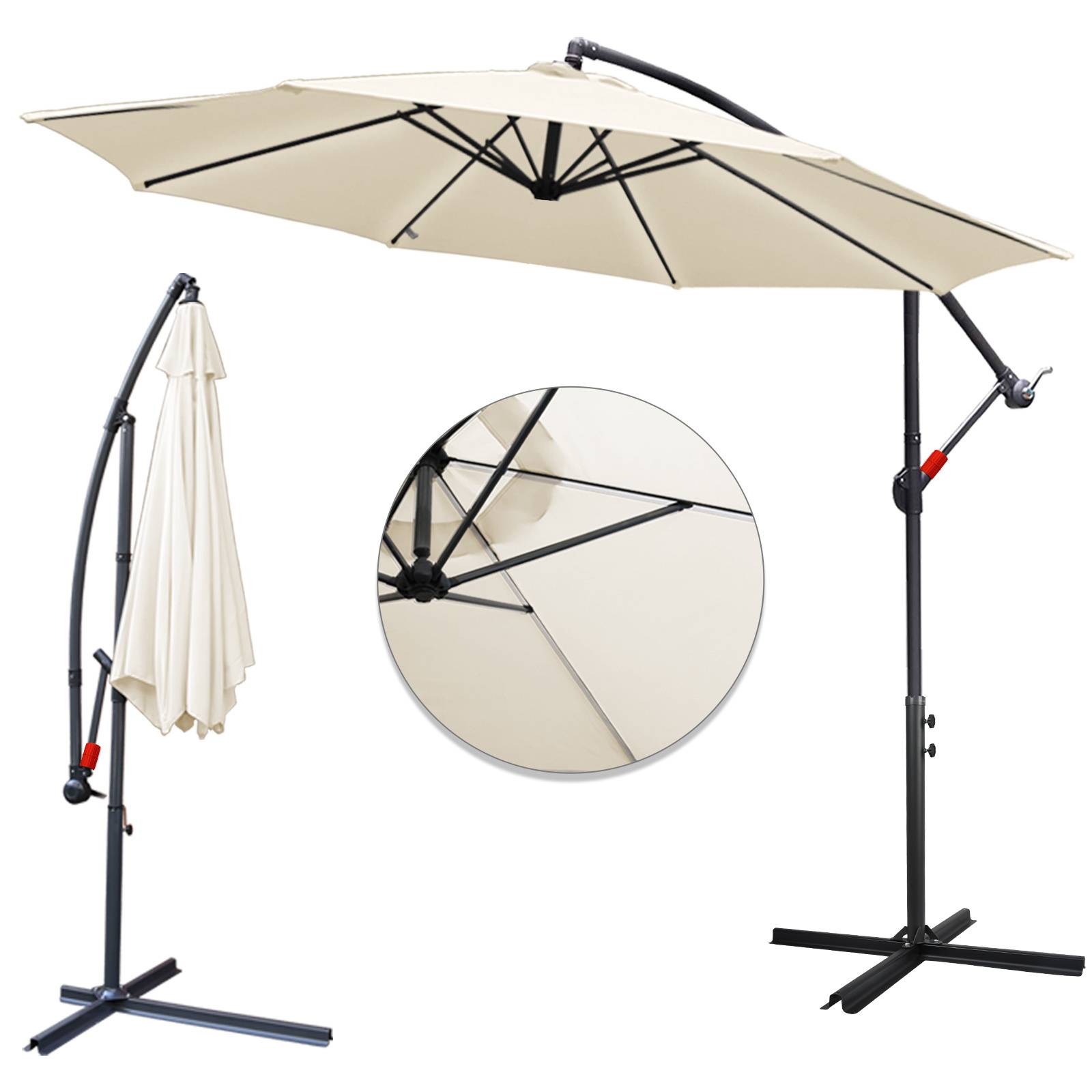 Ein freistehendes beiges Terrassenschirm mit Kurbel-Griff, verstellbarer Neigung und kreisförmiger Basis. Die Vergrößerung zeigt Details des offenen Schirmdachs.