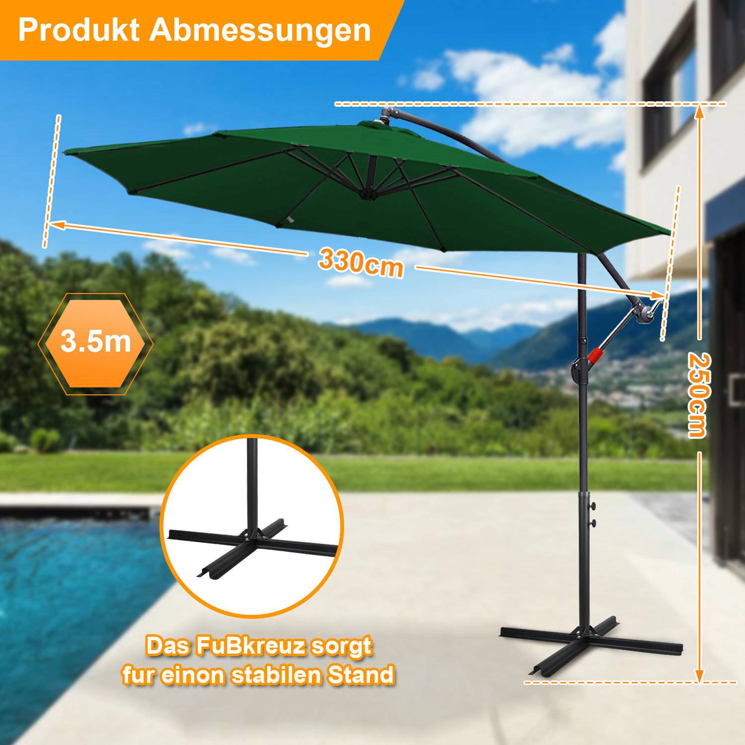 Ein Terrassenschirm steht mit markierten Abmessungen: Höhe 250 cm, Baldachinbreite 330 cm. Der Text lautet „Produktabmessungen