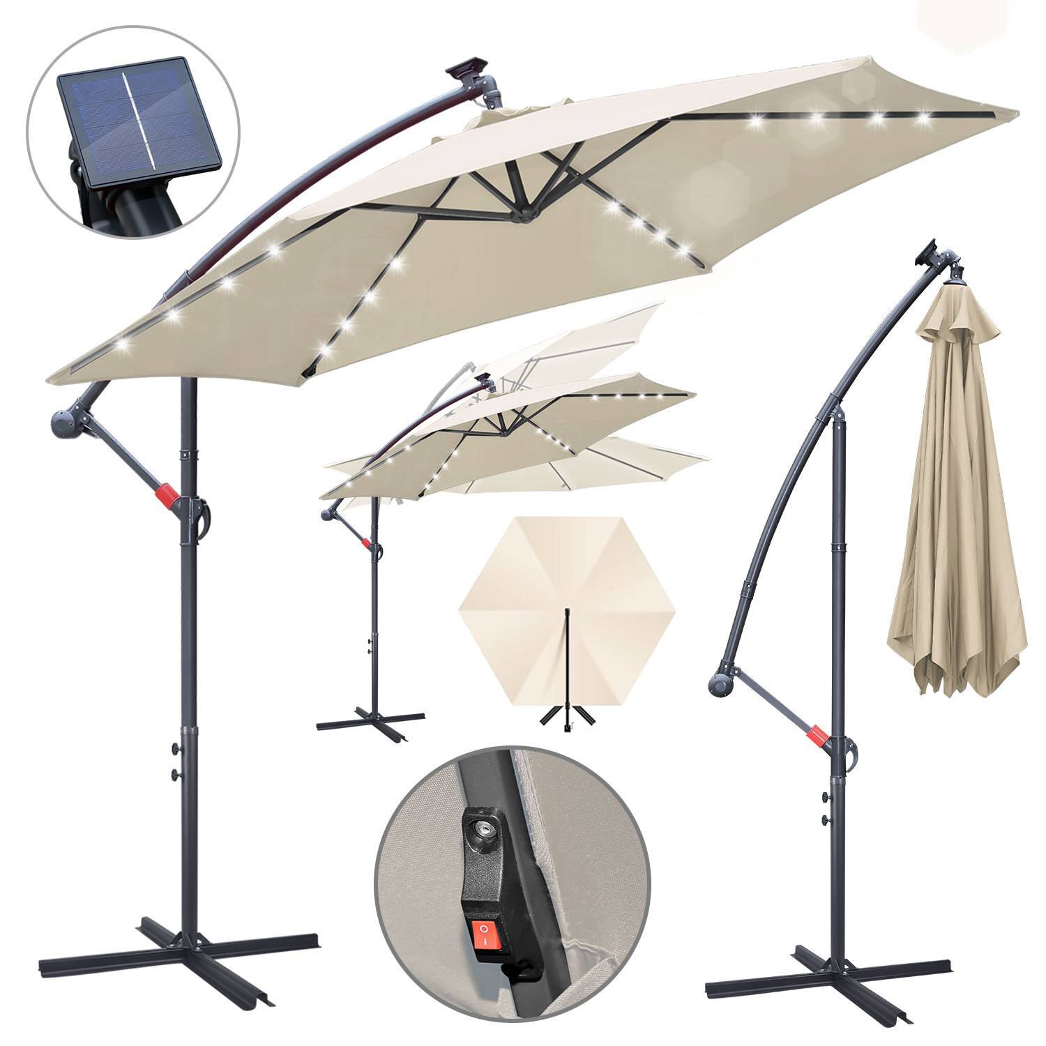 Terrassenschirm mit LED-Lichtern, Solarpanel-Einsatz und verstellbarem Ständer. Beige Stoffbaldachin mit Kurbel zum einfachen Öffnen.