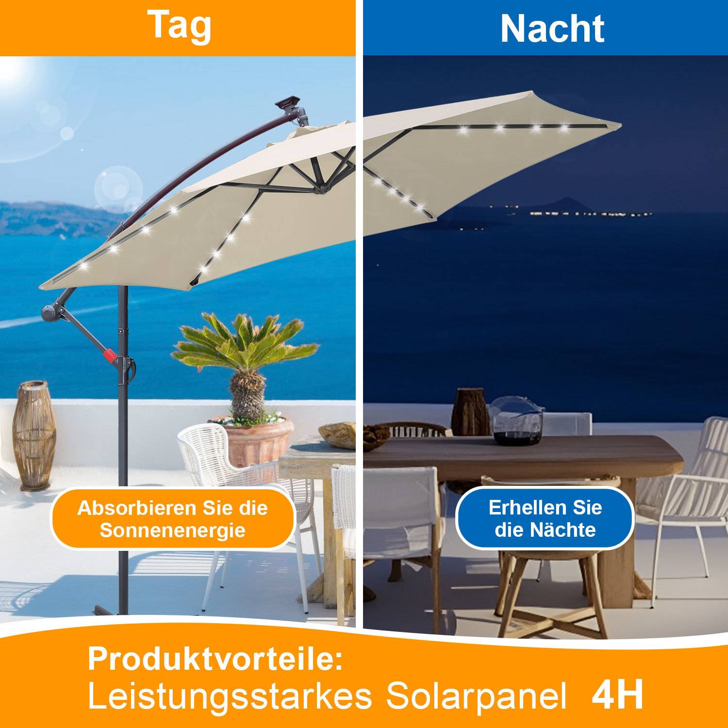 Sonnenschirm 3.5m Creme mit LED – Extra großer Gartenschirm für Terrasse & Abendlicht