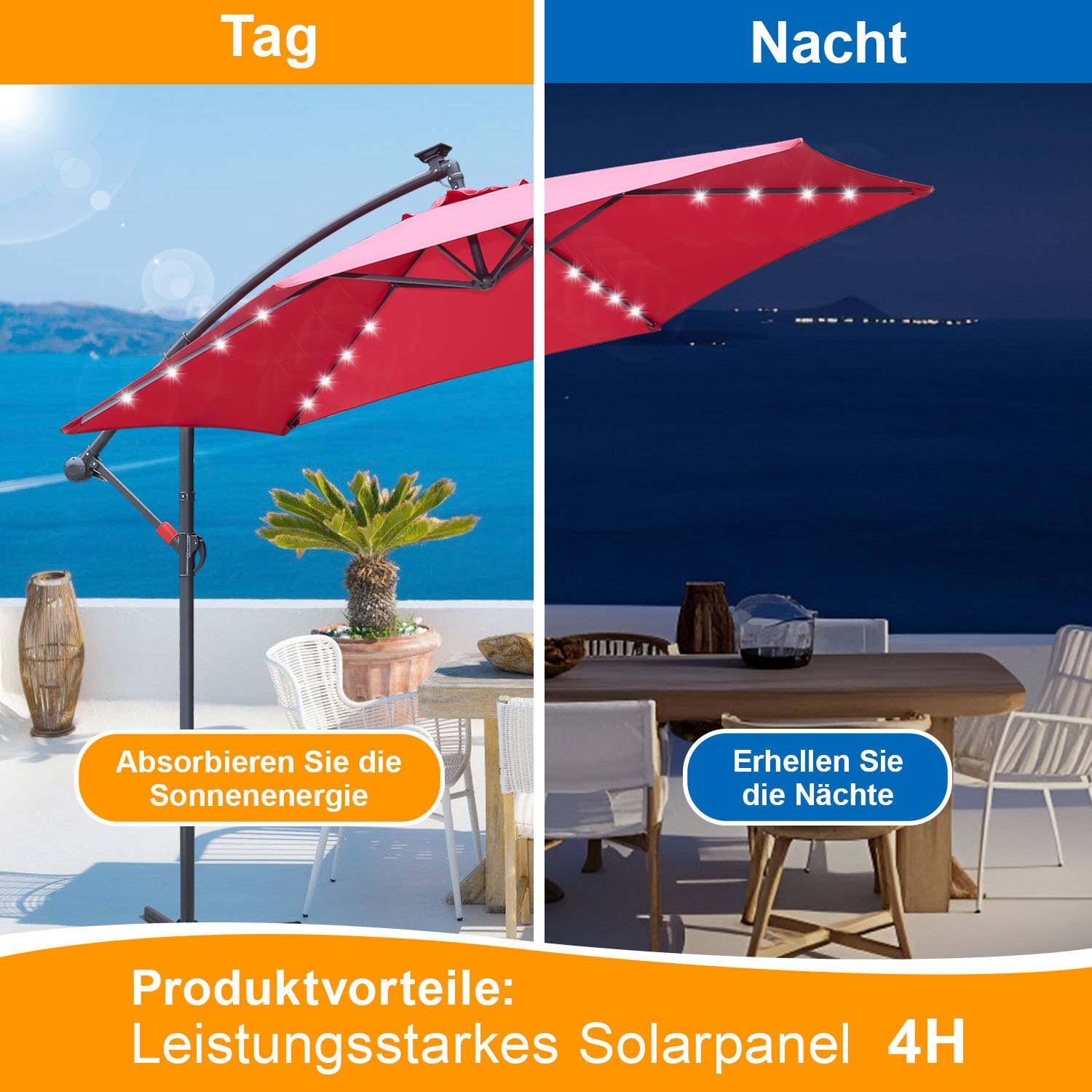 Der Vergleich zeigt einen roten, solarbetriebenen Regenschirm am Tag und in der Nacht, wobei die Solarabsorption im Tageslicht und die Beleuchtung nachts zu sehen ist. Der Text auf Deutsch hebt die Vorteile von Solarpanelen hervor.