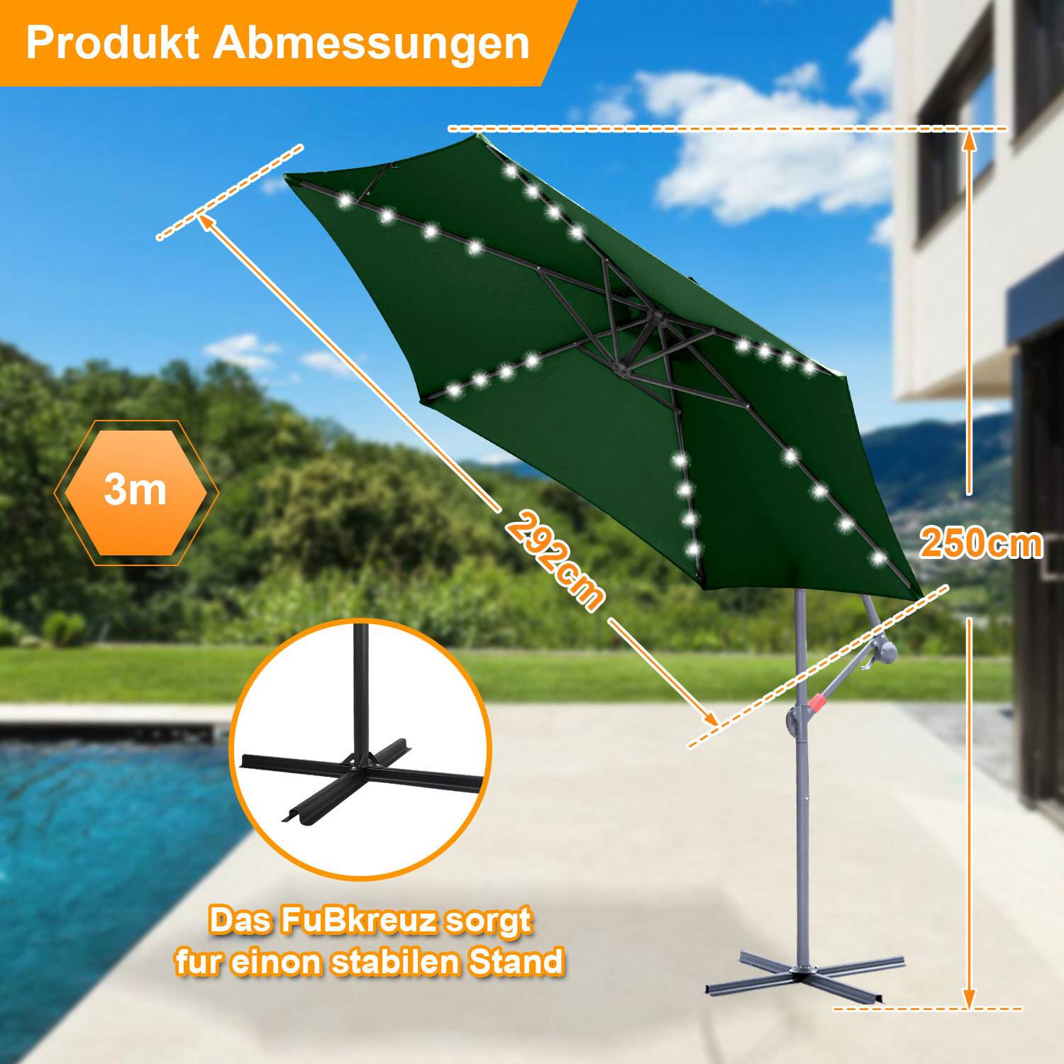 Ein Terrassenschirm mit LED-Leuchten ist ausgeklappt neben einem Pool zu sehen. Überlagerter Text gibt die Abmessungen an: Höhe 250 cm, Spannweite 292 cm, Fußdurchmesser 3 m.