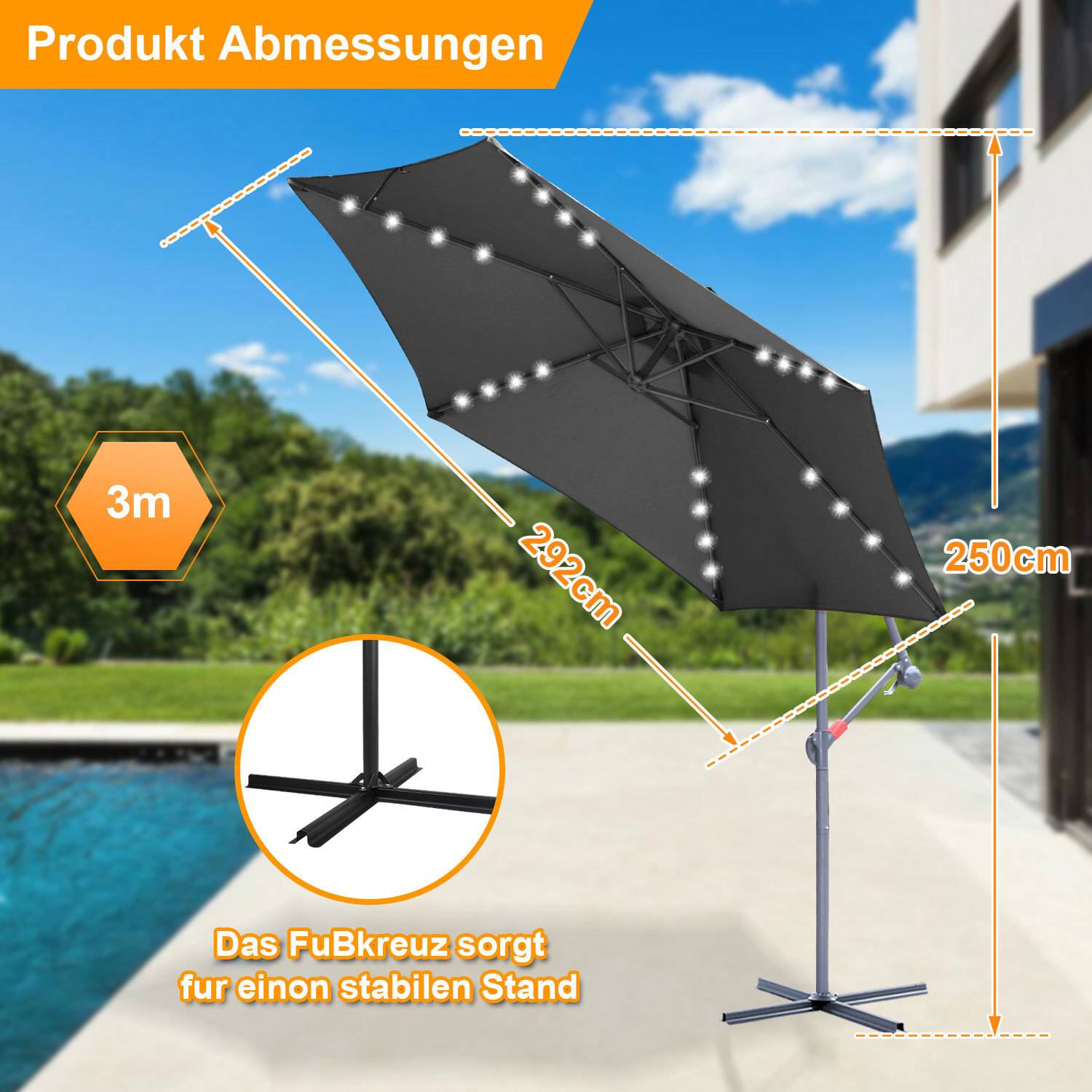 Großer Sonnenschirm, 292cm breit und 250cm hoch, am Pool gezeigt mit Text 'Produktabmessungen' und 'Das Fußkreuz sorgt für einen stabilen Stand'.