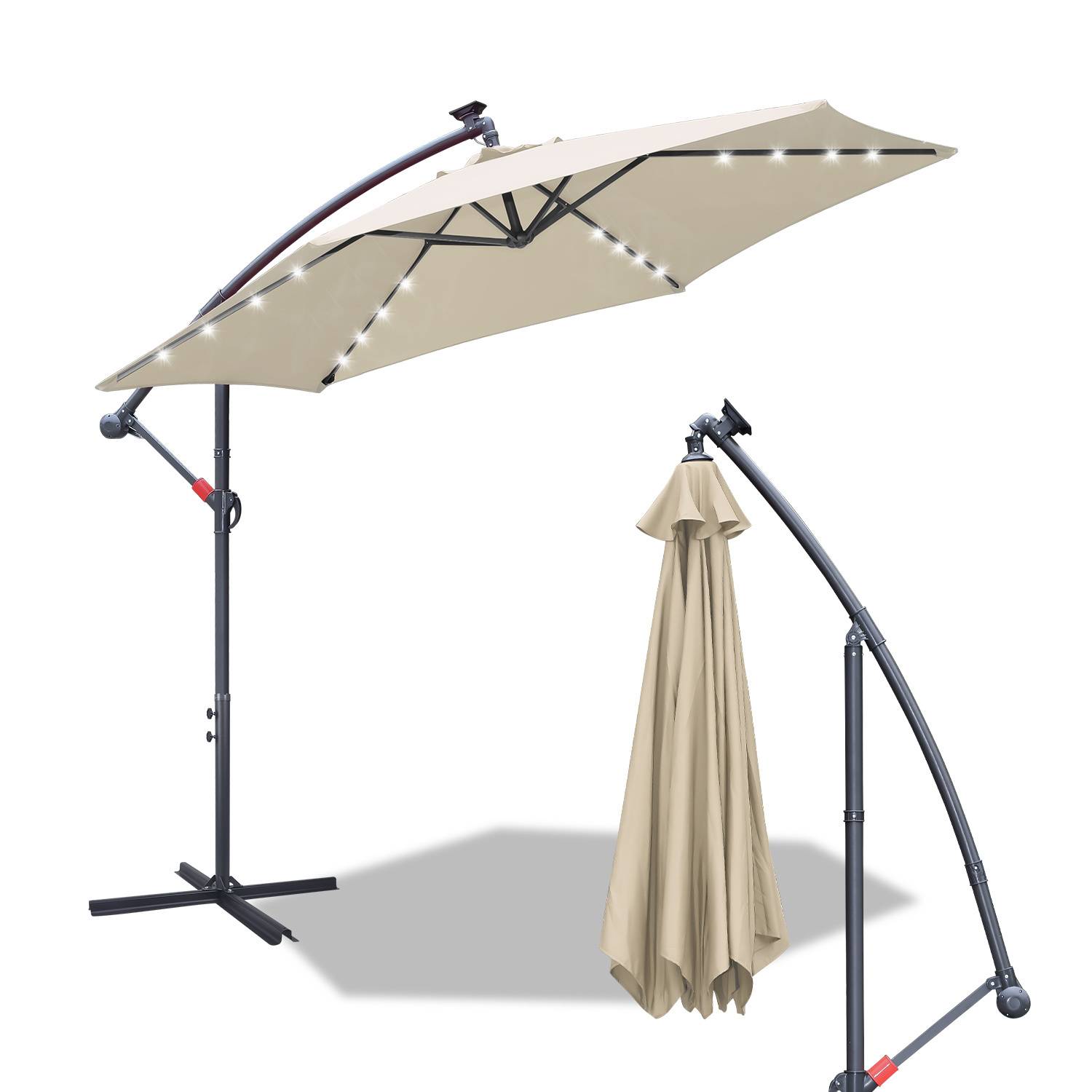 Ein beiger Außenkragarmschirm mit LED-Leuchten wird sowohl geöffnet als auch geschlossen auf einem Ständer gezeigt, wirft einen Schatten und spendet Schatten.