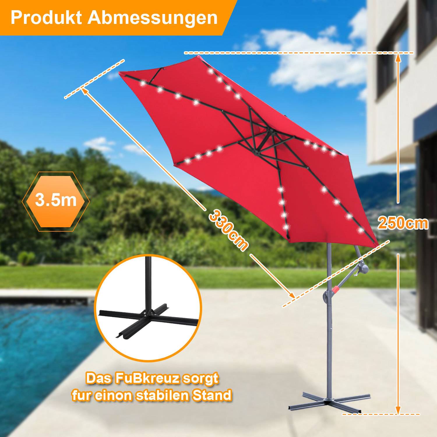 Produktabmessungen' Text hebt einen roten Outdoor-Schirm hervor, der 330 cm breit und 250 cm hoch ist, mit einer stabilen Kreuzbasis. Terrassen-Hintergrund.