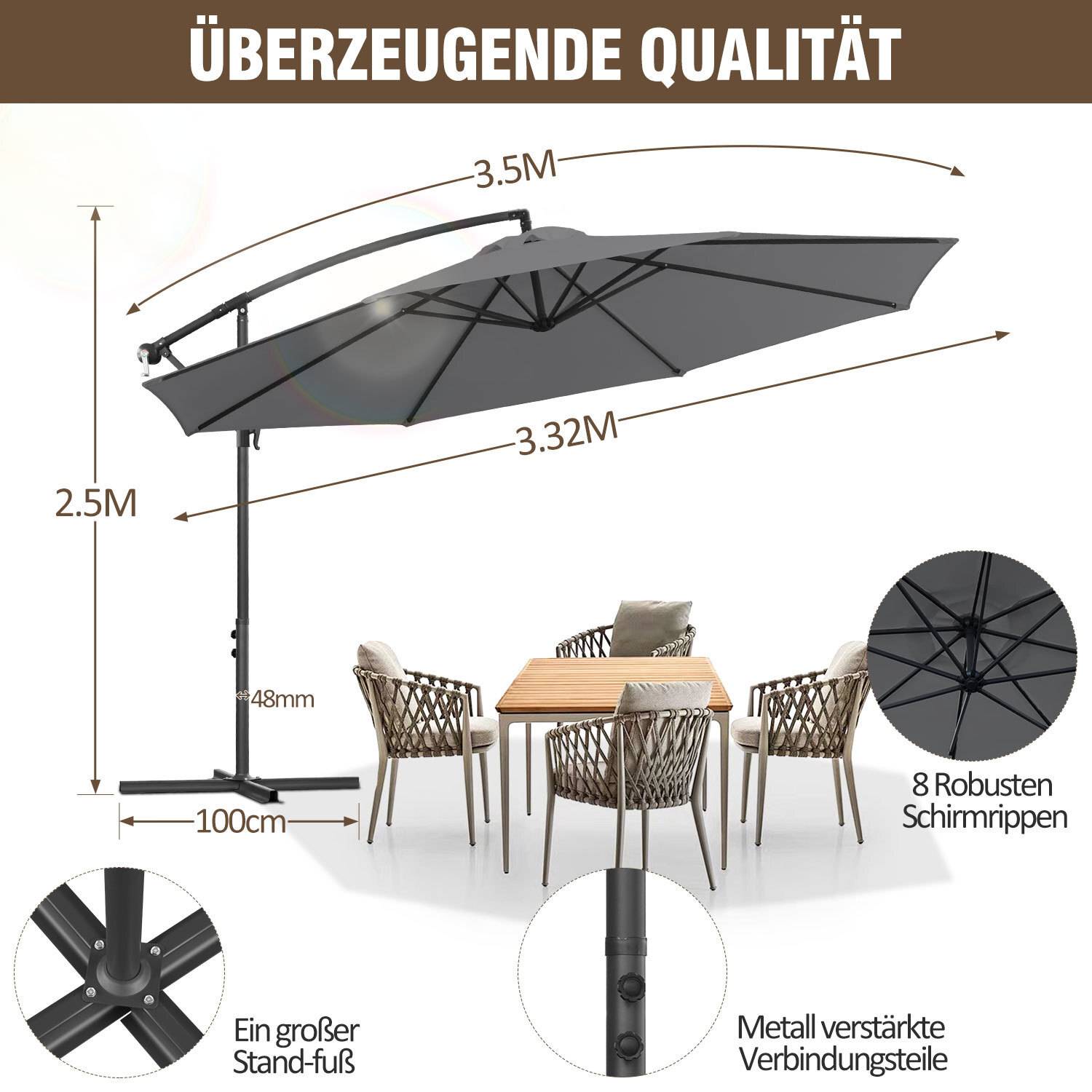 Ein großer grauer Schirm mit verstellbarer Höhe bedeckt einen Gartentisch und Stühle. Gekennzeichnete Merkmale: '8 robuste Rippen', 'stabile Basis', 'Metallverbinder'. Maße angegeben.